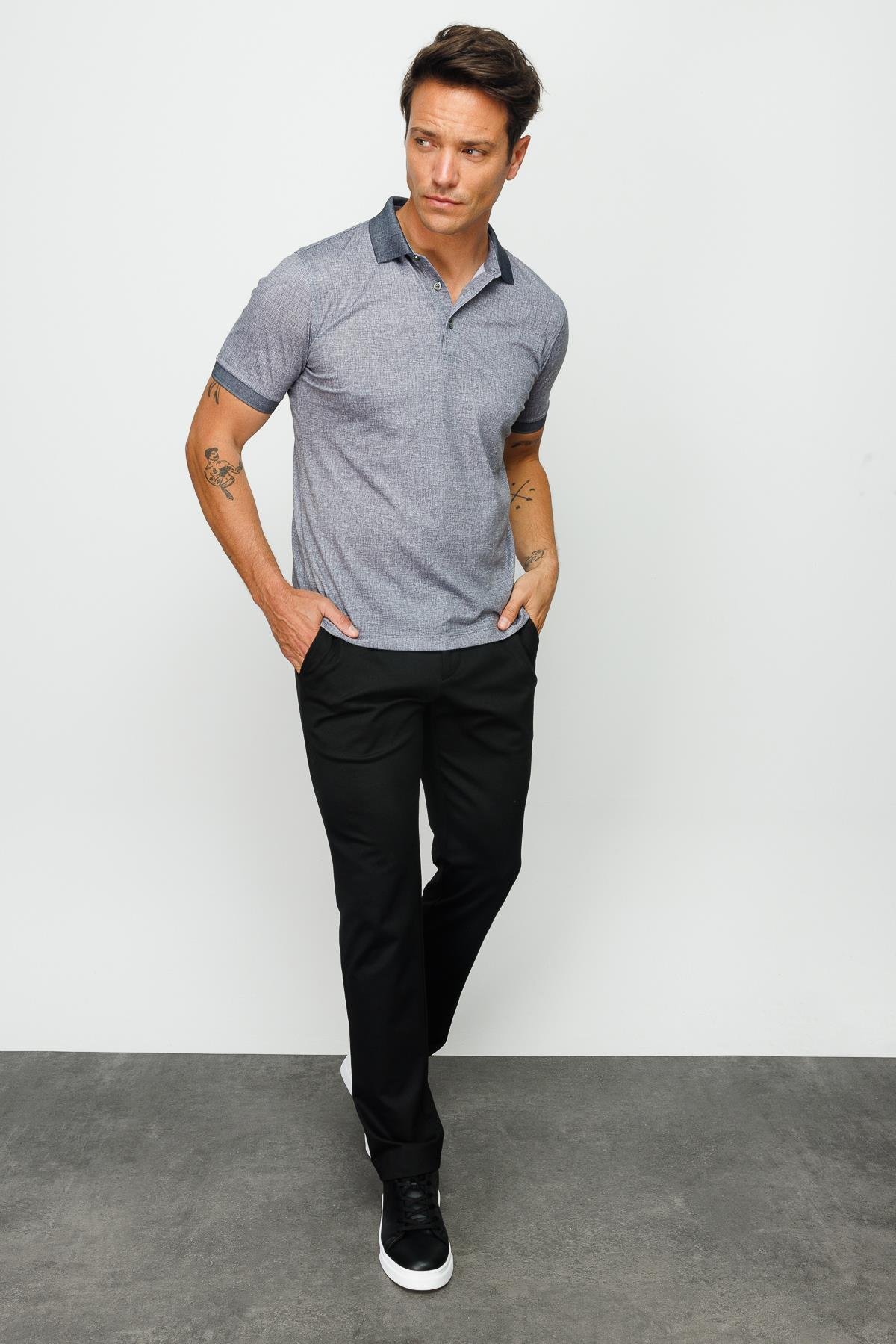 401Erkek Polo Yaka Keten Baskılı T-shirt Siyah