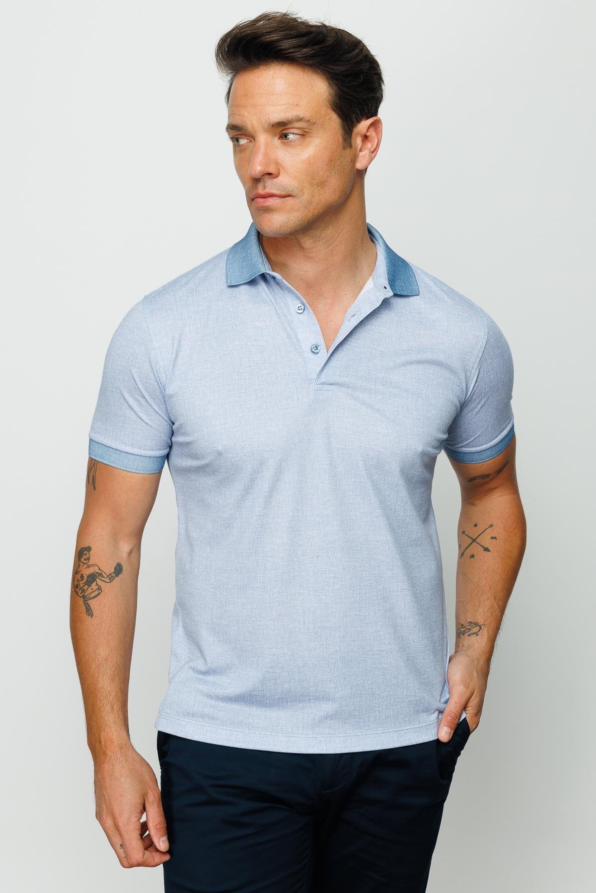 401Erkek Polo Yaka Keten Baskılı T-shirt K.Mavi