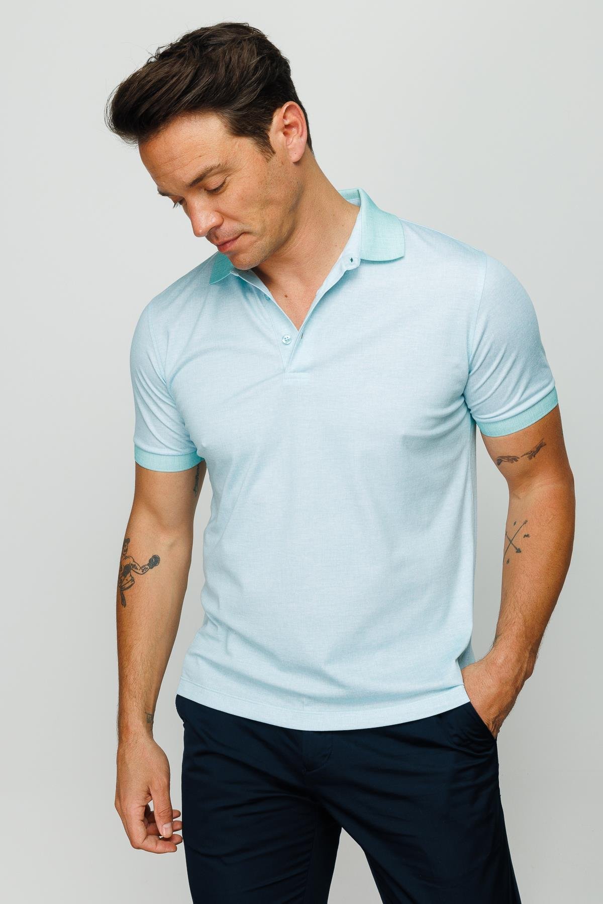 401Erkek Polo Yaka Keten Baskılı T-shirt M.Yeşili