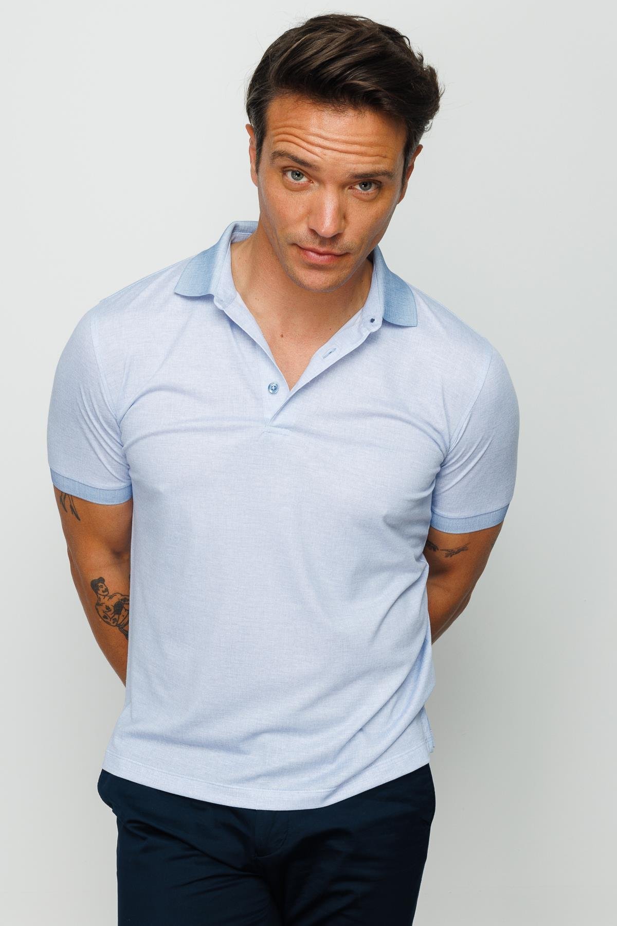 401Erkek Polo Yaka Keten Baskılı T-shirt A.Mavi