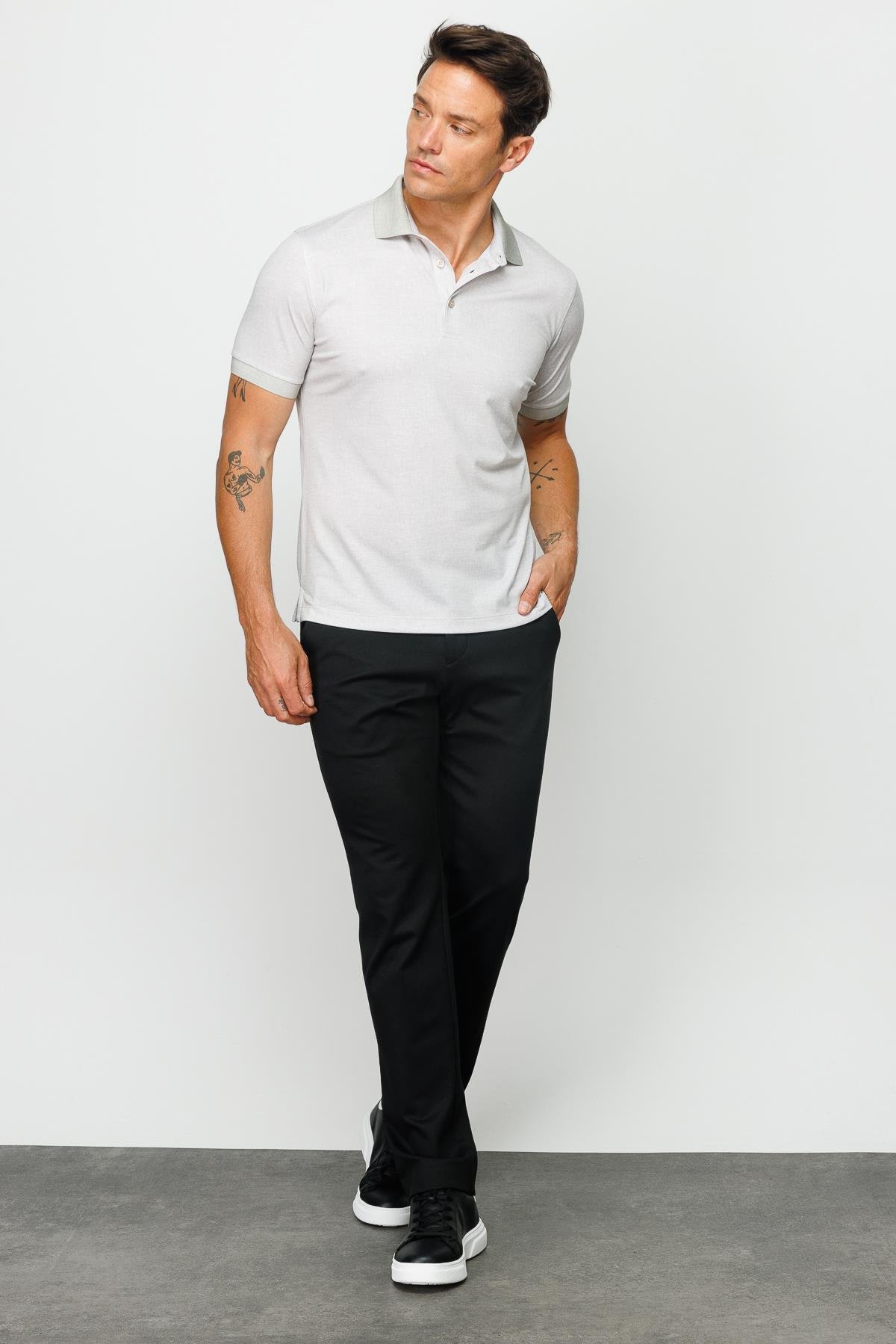 401Erkek Polo Yaka Keten Baskılı T-shirt Bej