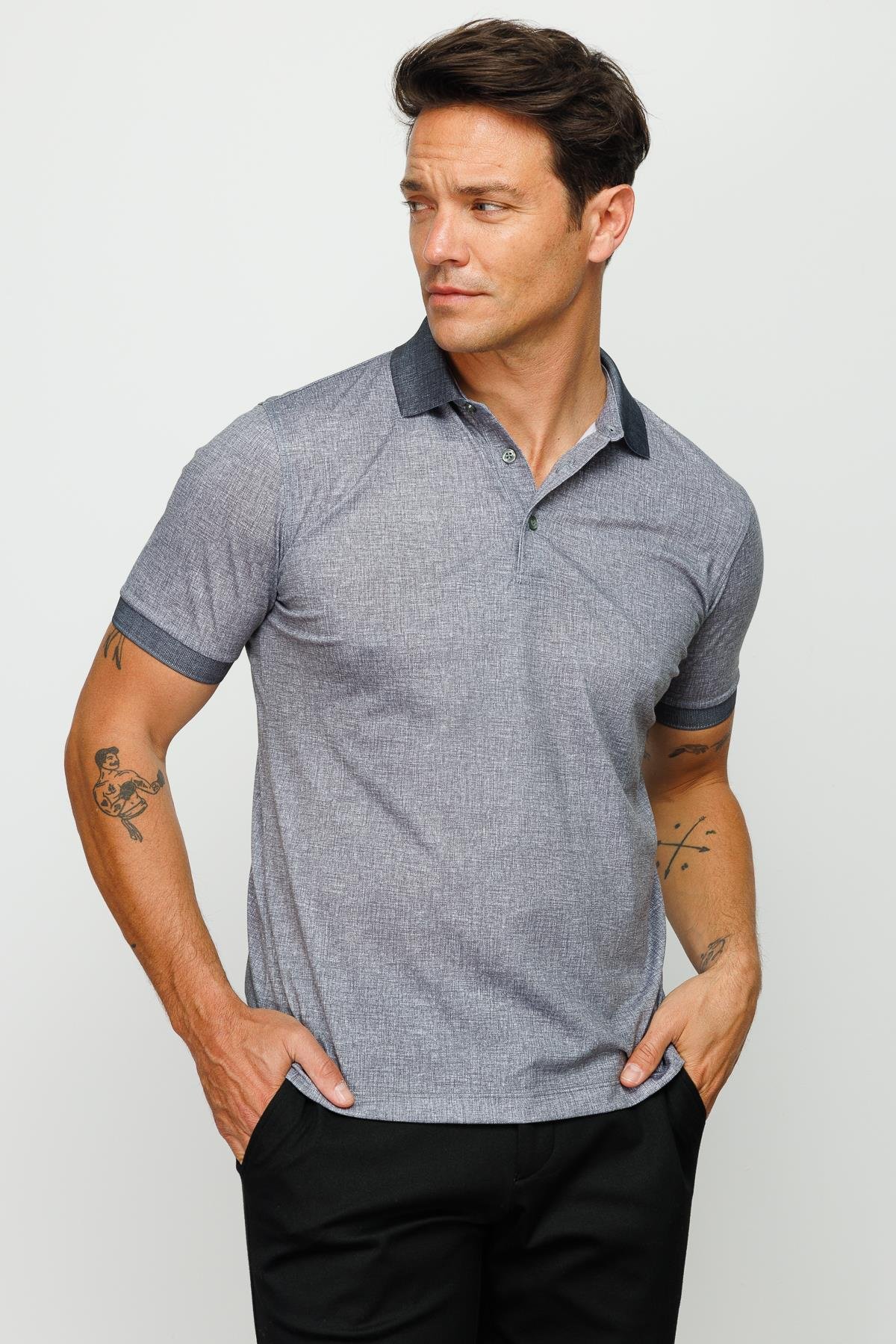 401Erkek Polo Yaka Keten Baskılı T-shirt Siyah