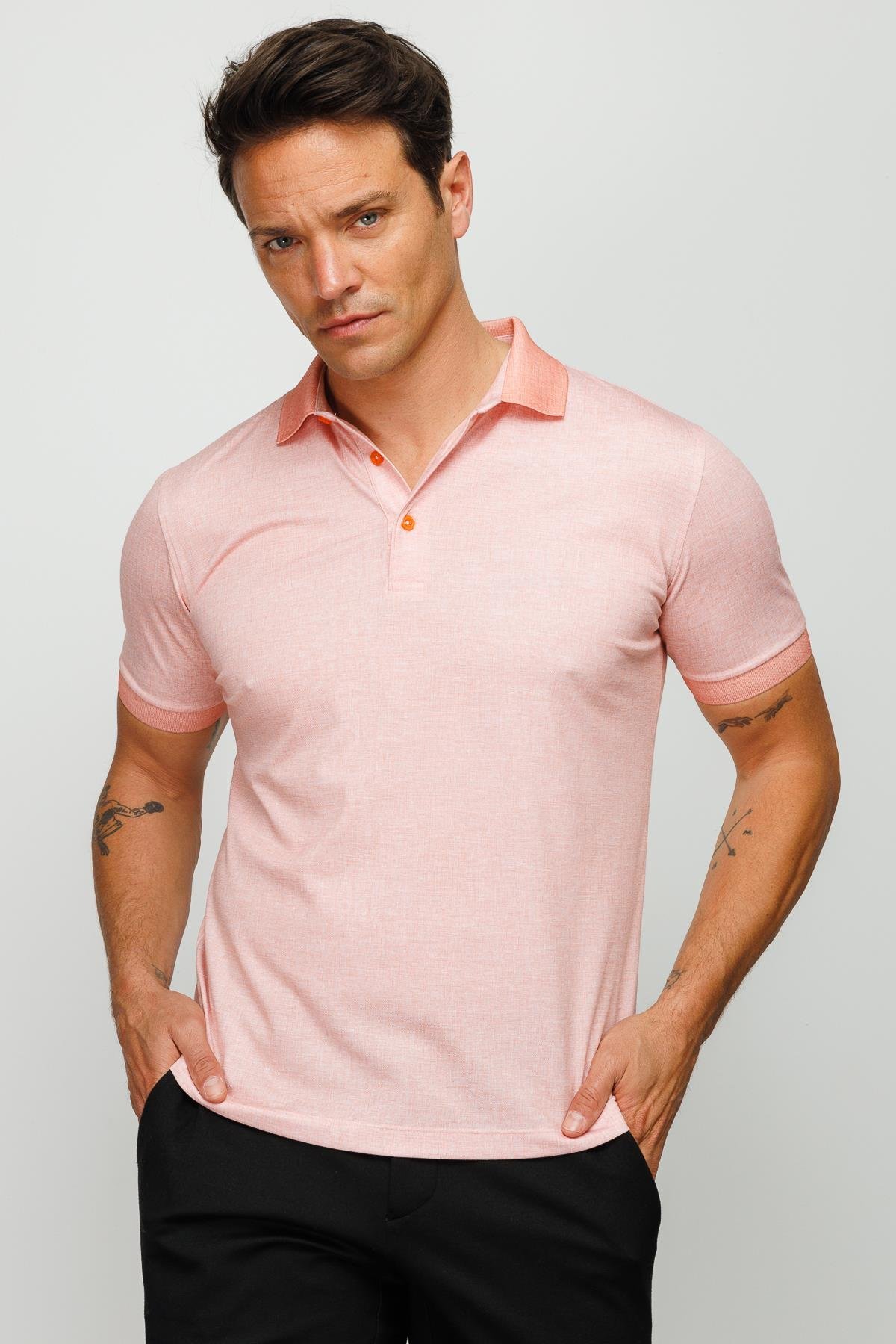 401Erkek Polo Yaka Keten Baskılı T-shirt Somon