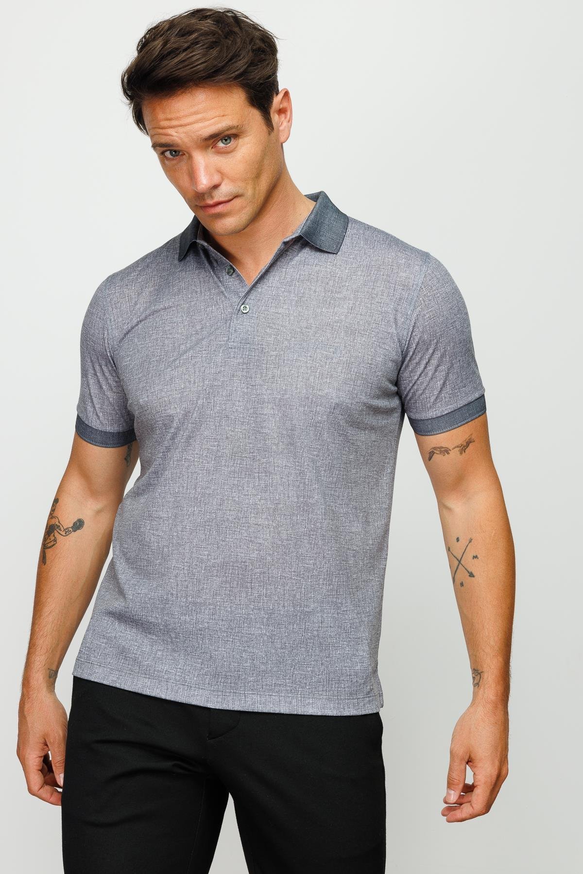 401Erkek Polo Yaka Keten Baskılı T-shirt Siyah