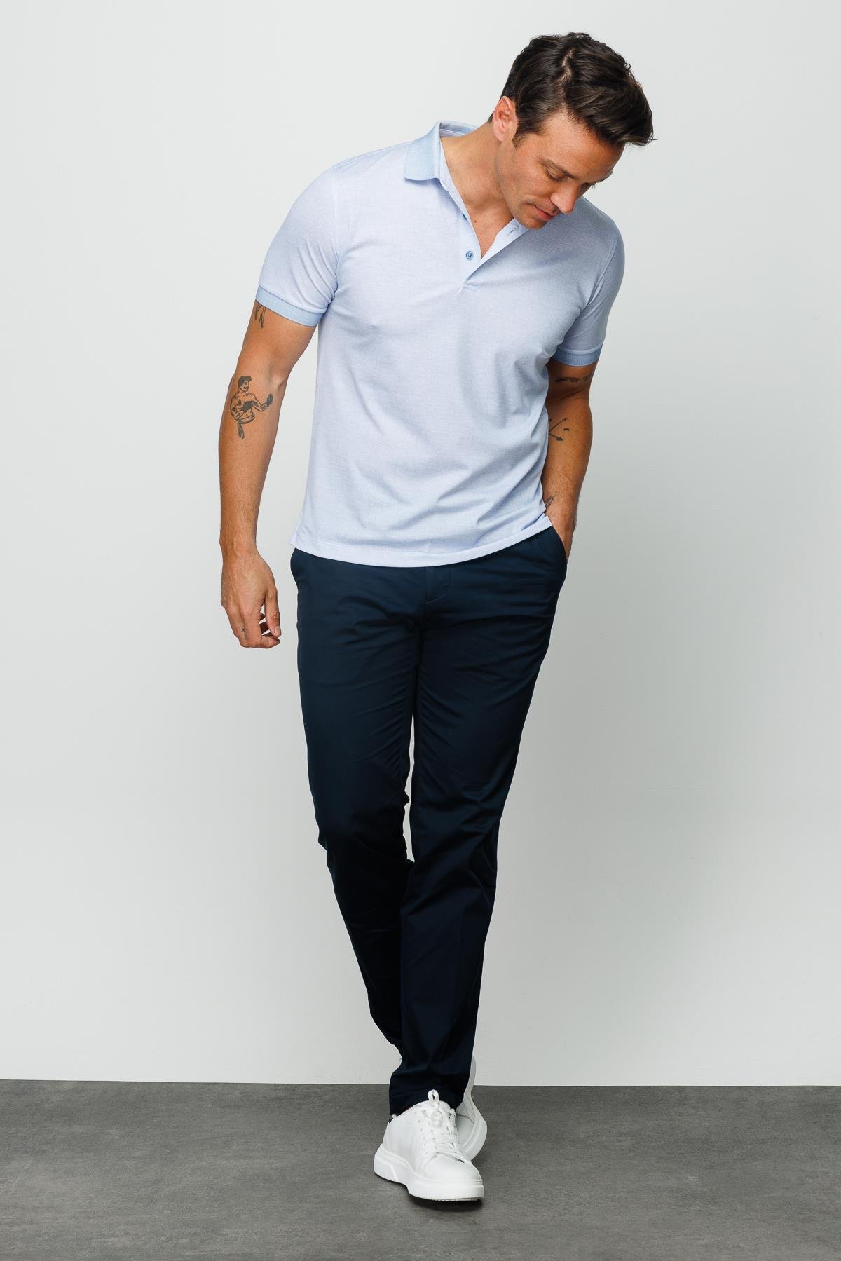 401Erkek Polo Yaka Keten Baskılı T-shirt A.Mavi