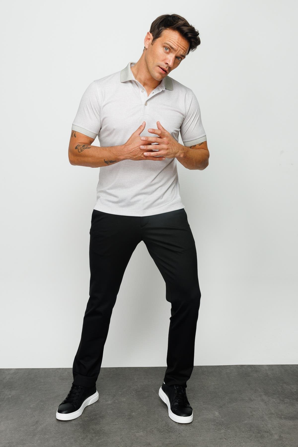 401Erkek Polo Yaka Keten Baskılı T-shirt Bej