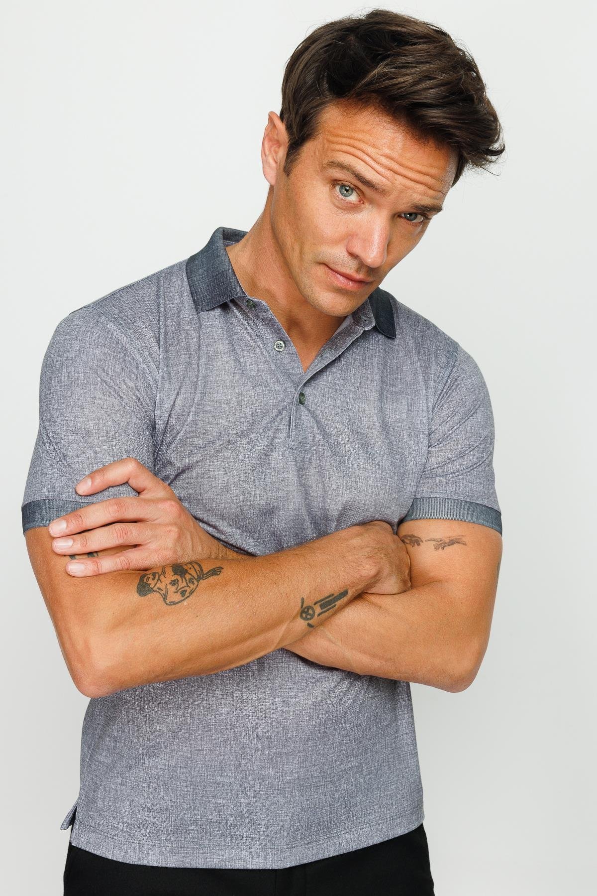 401Erkek Polo Yaka Keten Baskılı T-shirt Siyah