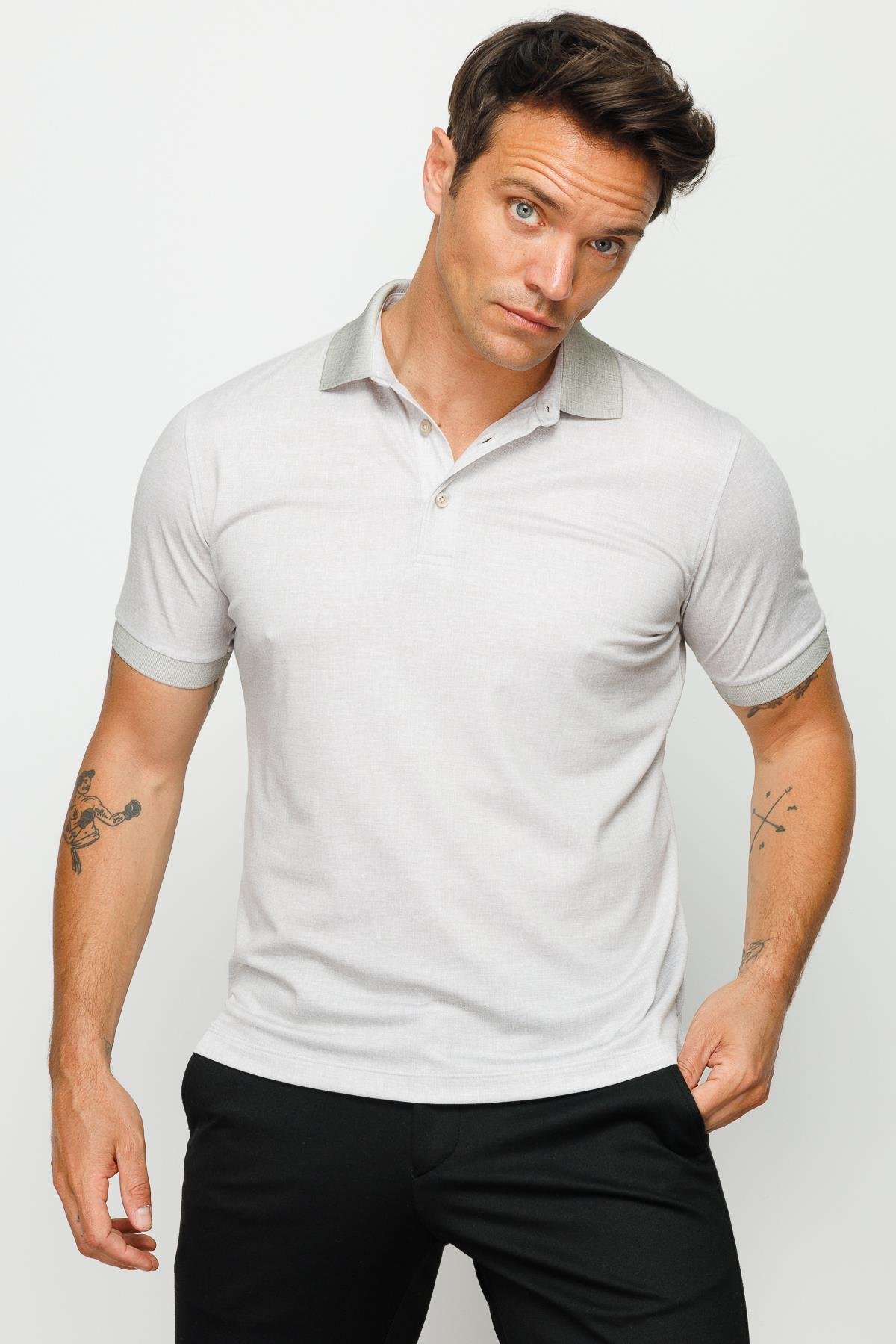 401Erkek Polo Yaka Keten Baskılı T-shirt Bej