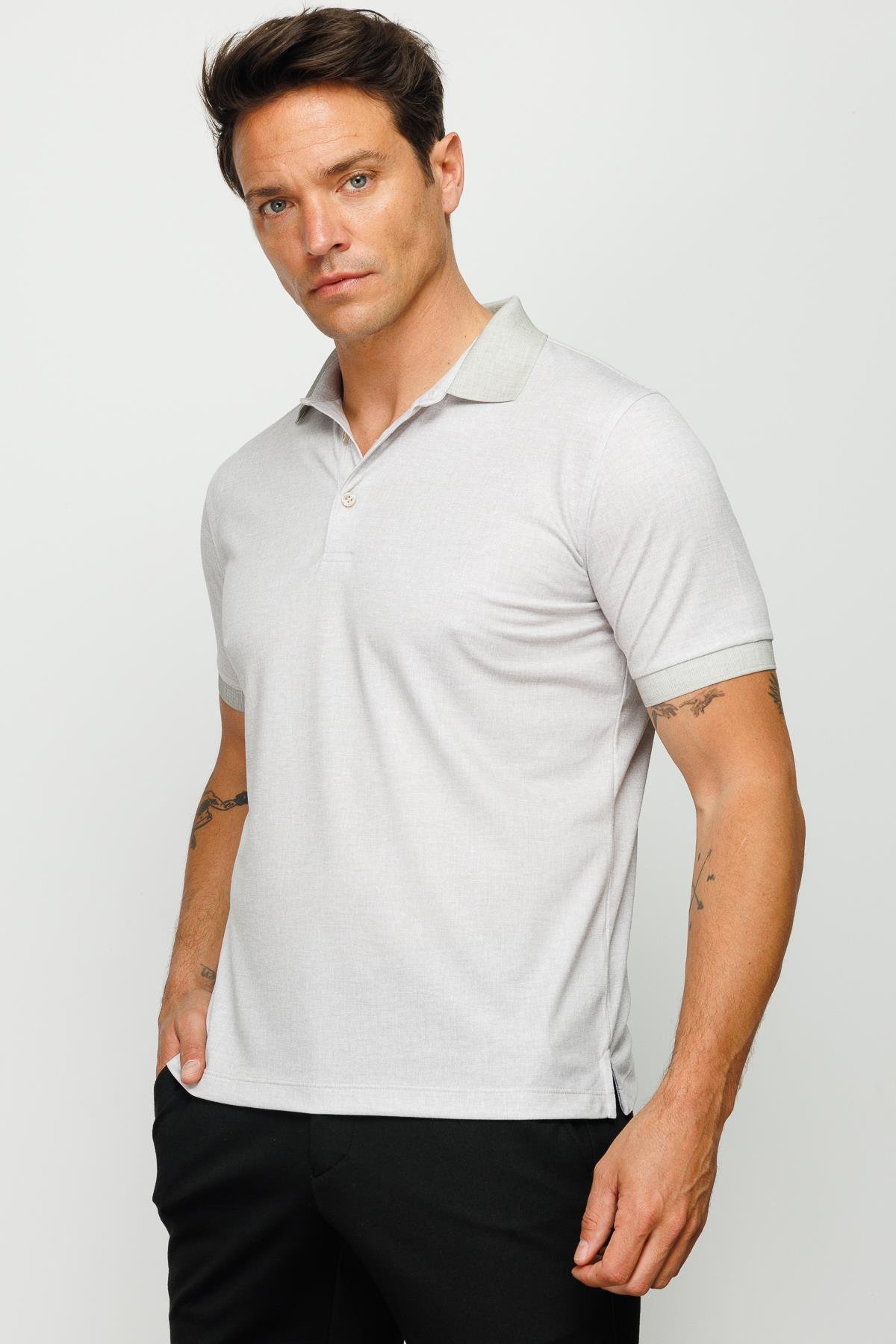 401Erkek Polo Yaka Keten Baskılı T-shirt Bej