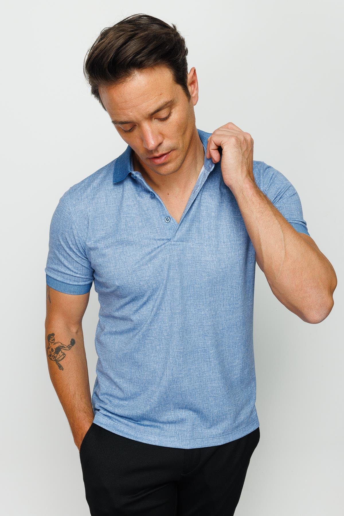 401Erkek Polo Yaka Keten Baskılı T-shirt Lacivert