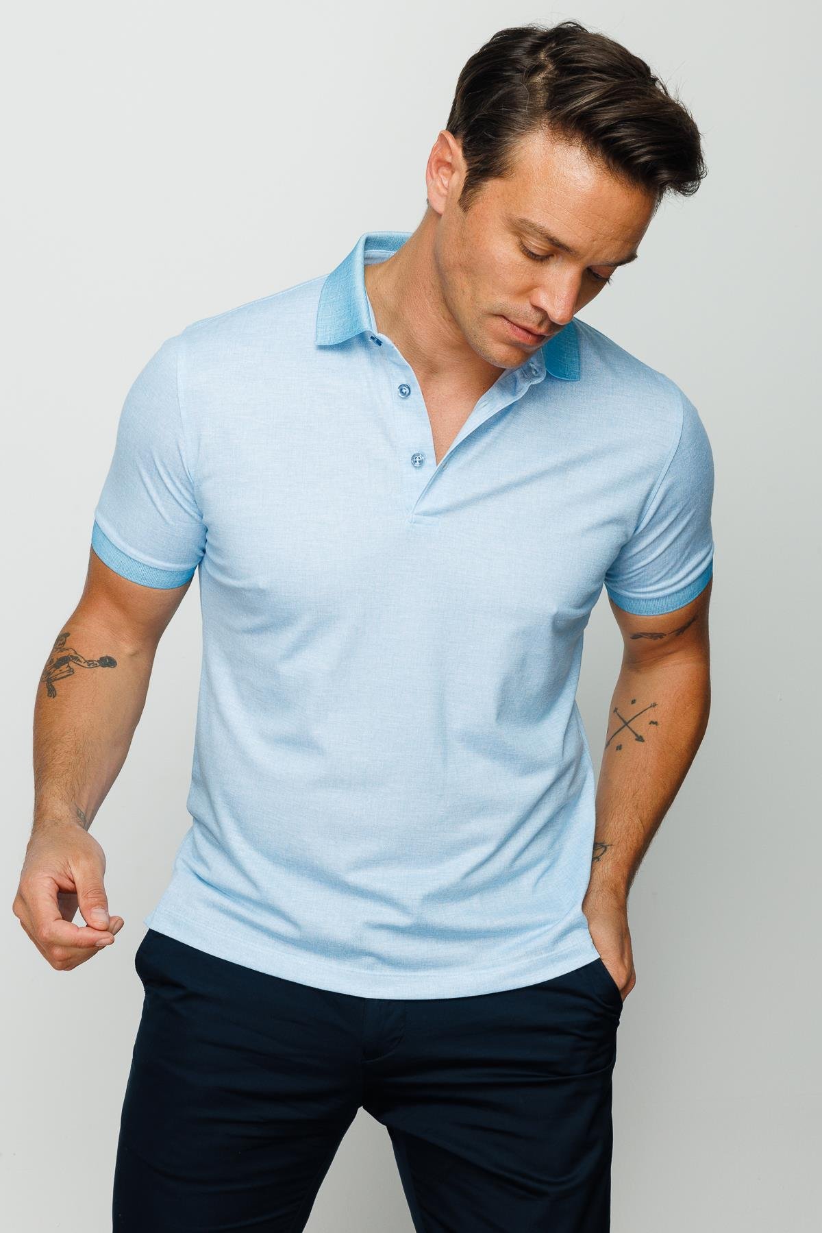 401Erkek Polo Yaka Keten Baskılı T-shirt Turkuaz