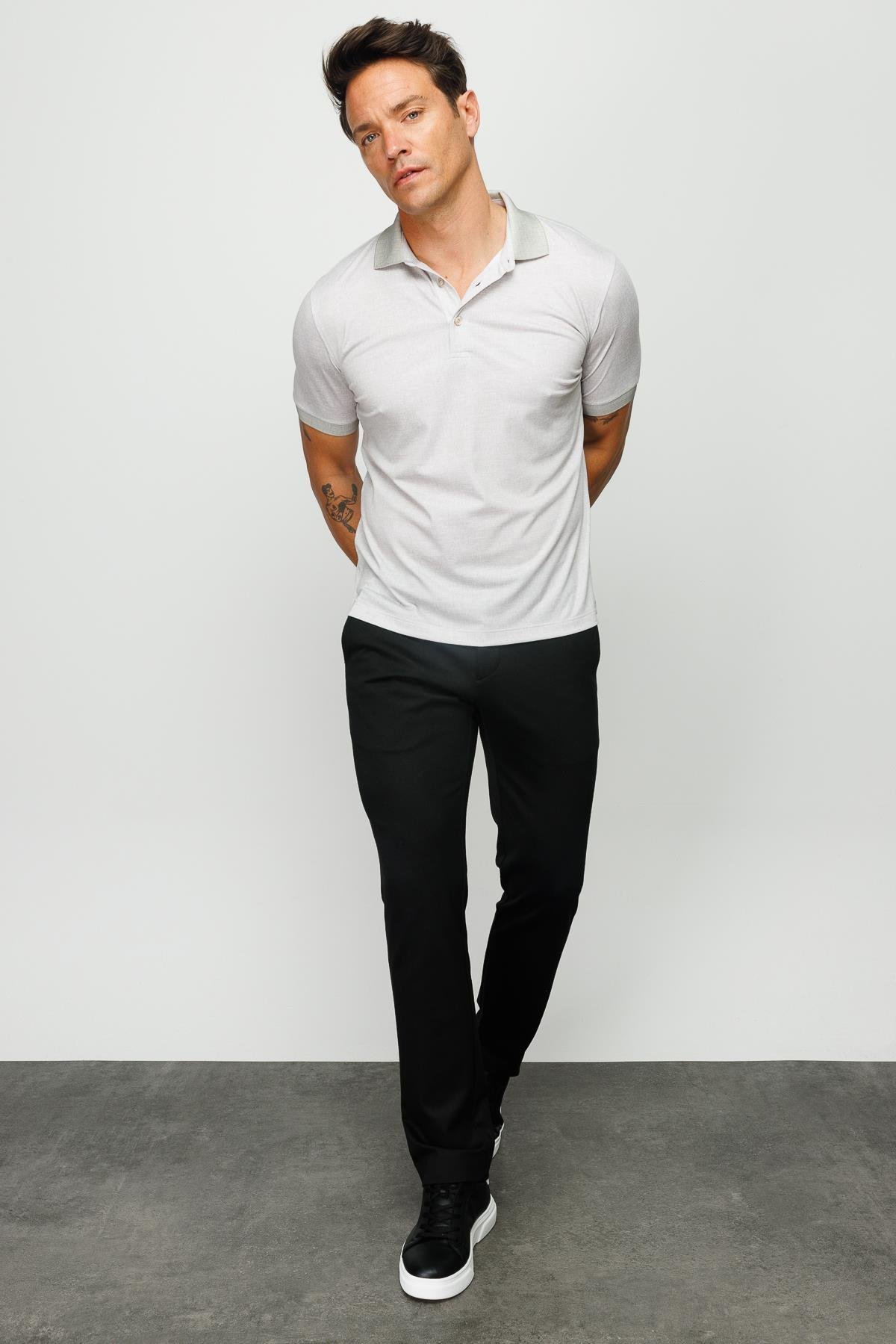 401Erkek Polo Yaka Keten Baskılı T-shirt Bej