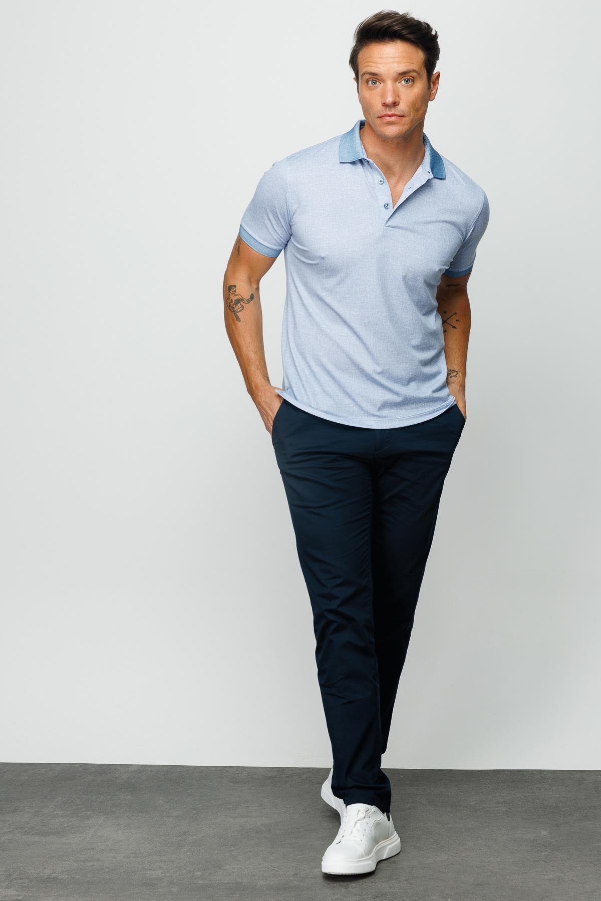 401Erkek Polo Yaka Keten Baskılı T-shirt K.Mavi