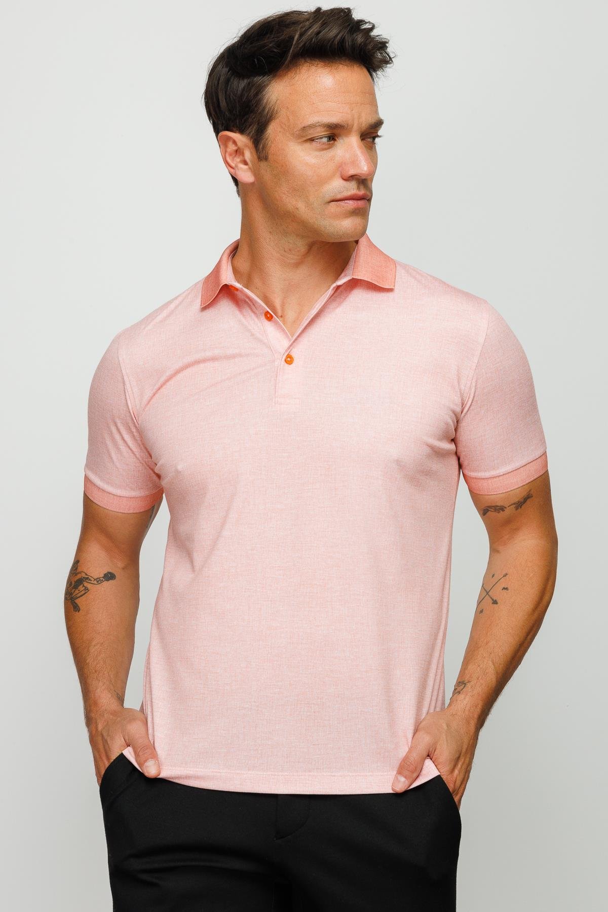 401Erkek Polo Yaka Keten Baskılı T-shirt Somon