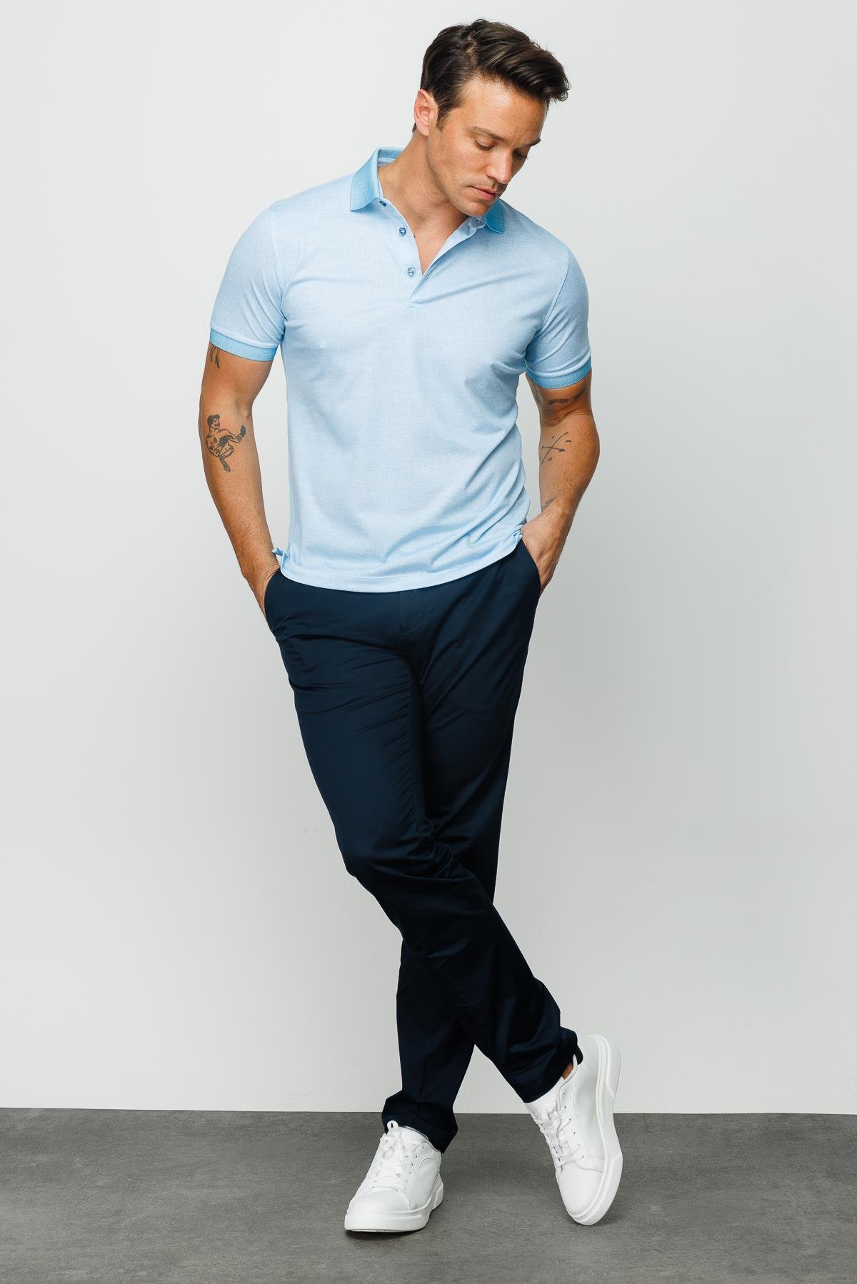 401Erkek Polo Yaka Keten Baskılı T-shirt Turkuaz