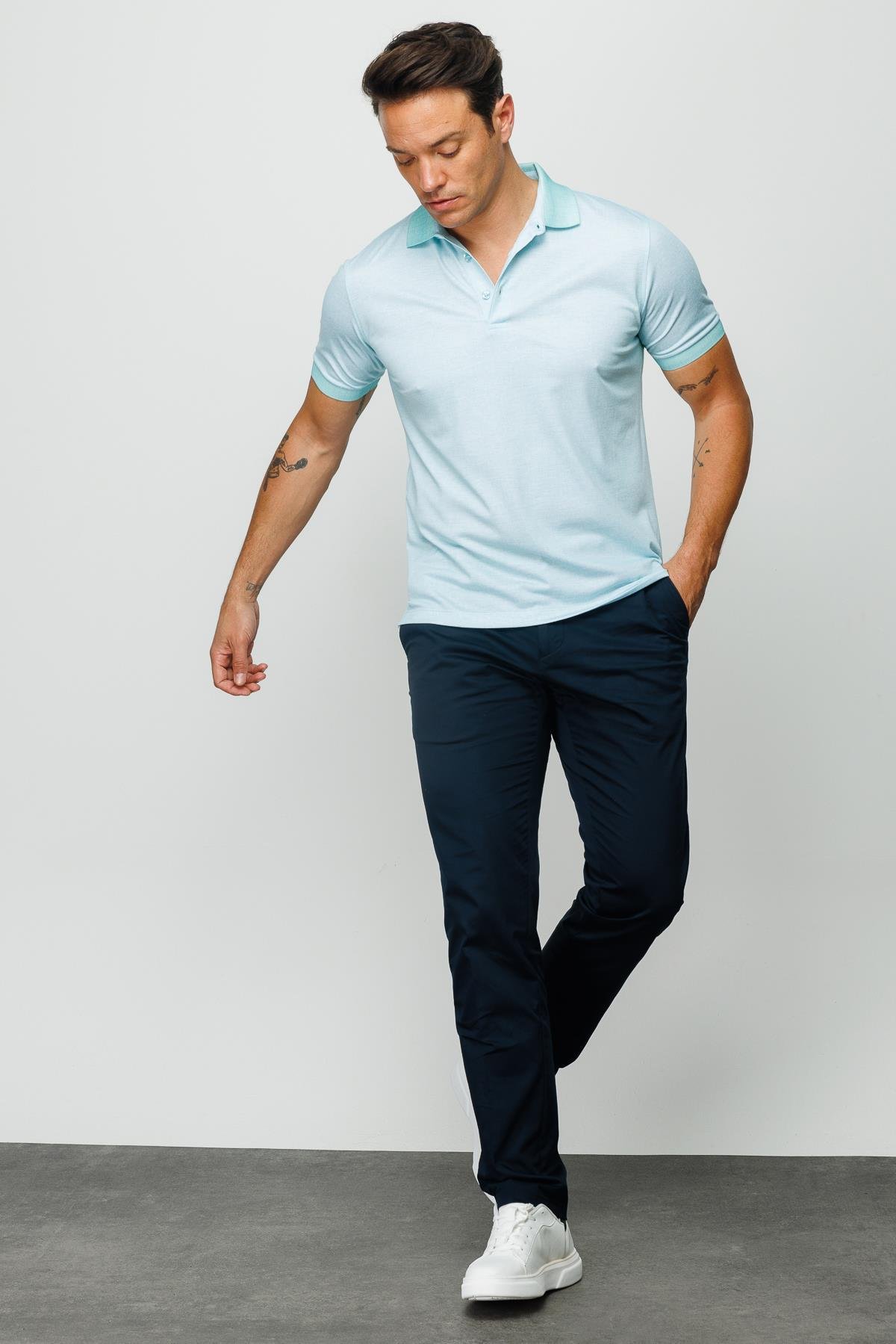 401Erkek Polo Yaka Keten Baskılı T-shirt M.Yeşili