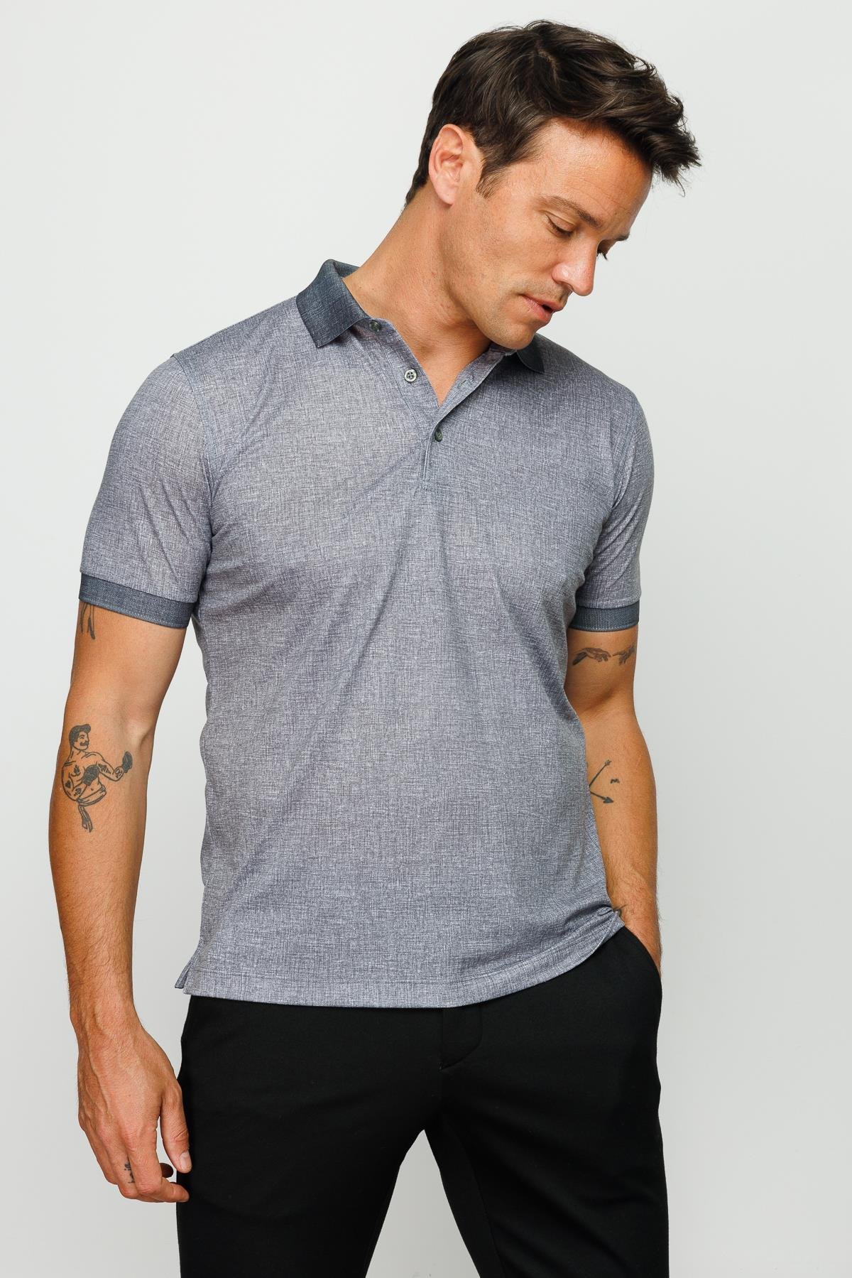 401Erkek Polo Yaka Keten Baskılı T-shirt Siyah