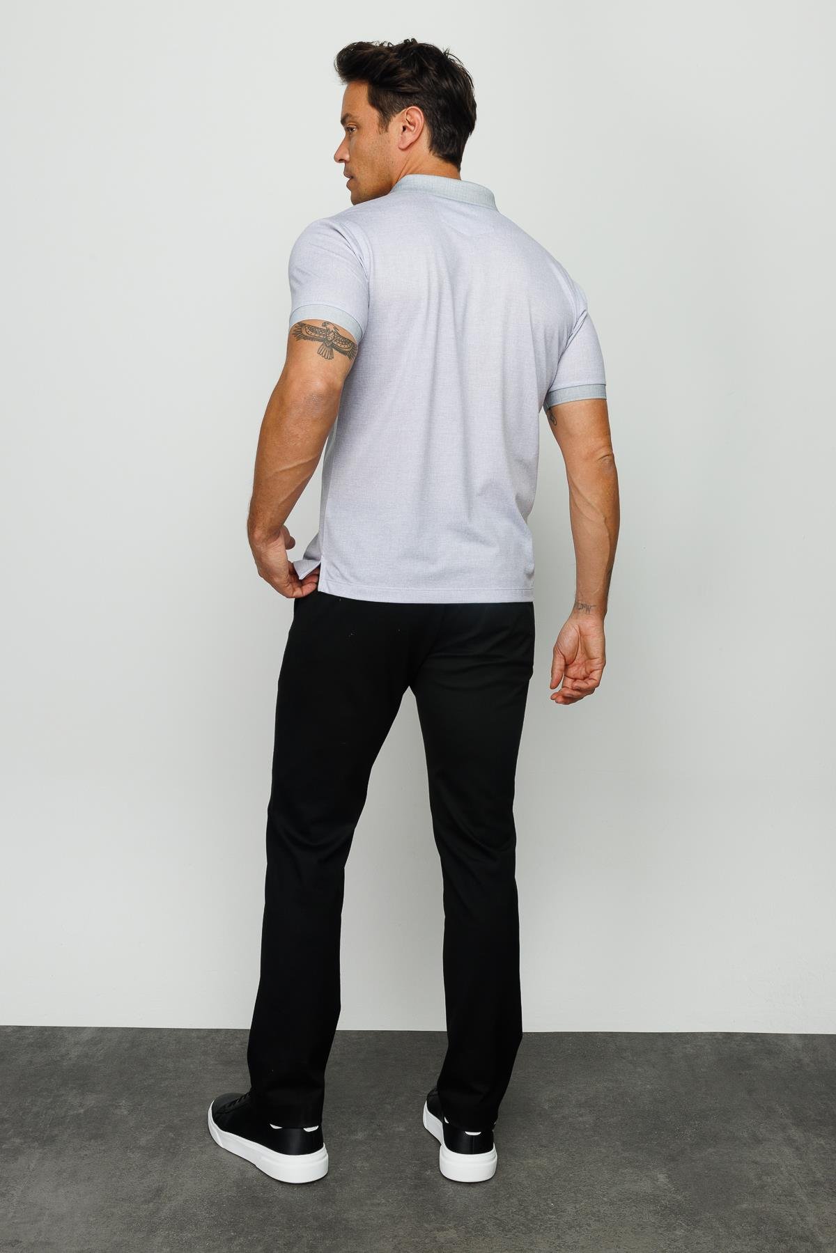 401Erkek Polo Yaka Keten Baskılı T-shirt Gri