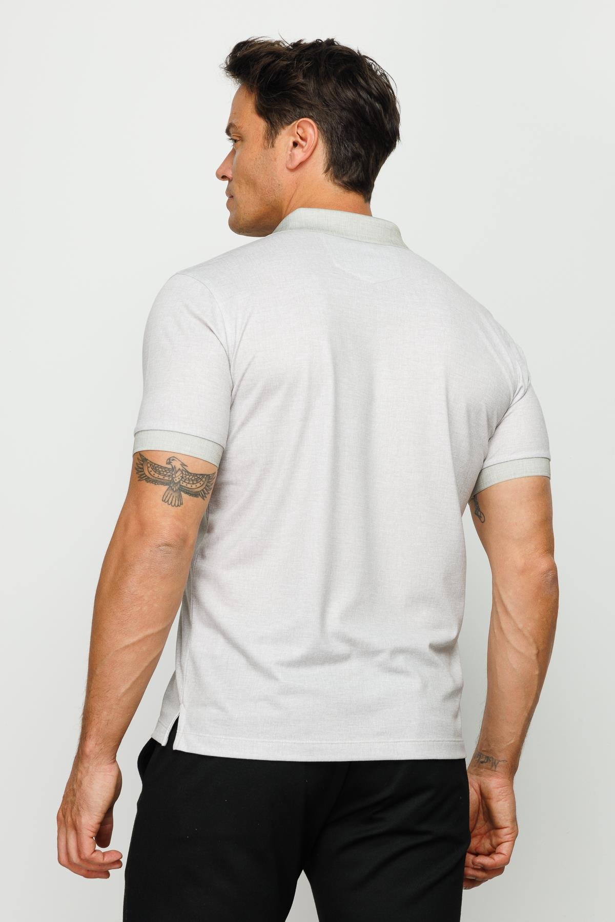 401Erkek Polo Yaka Keten Baskılı T-shirt Bej