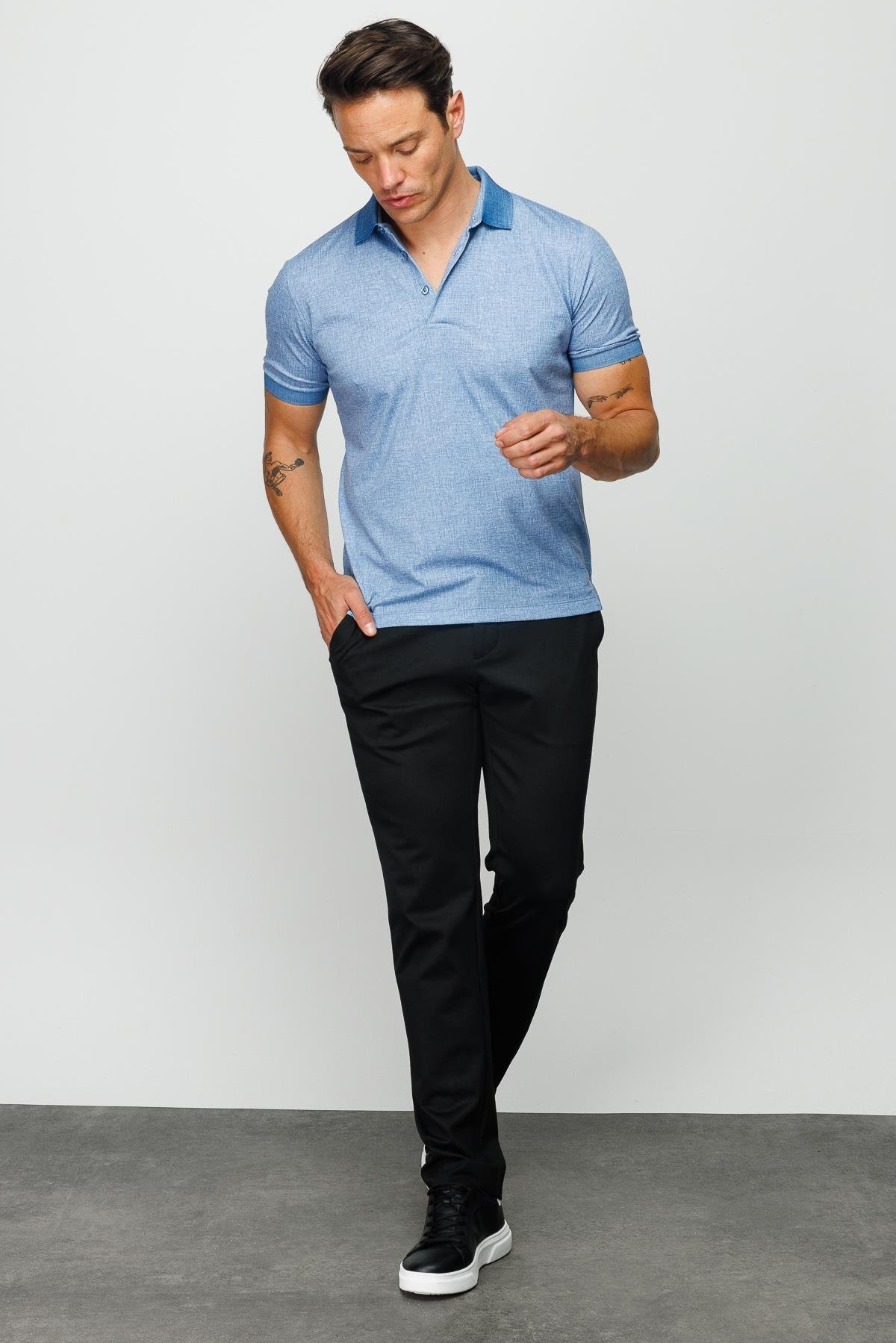 401Erkek Polo Yaka Keten Baskılı T-shirt Lacivert