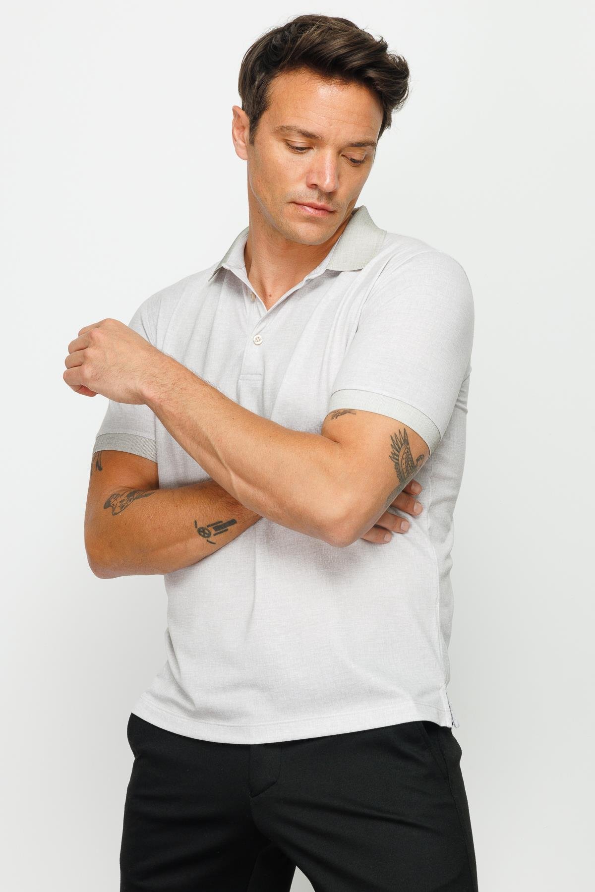 401Erkek Polo Yaka Keten Baskılı T-shirt Bej