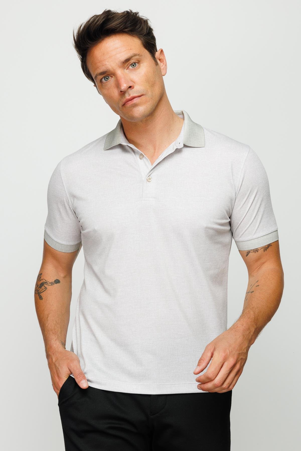 401Erkek Polo Yaka Keten Baskılı T-shirt Bej