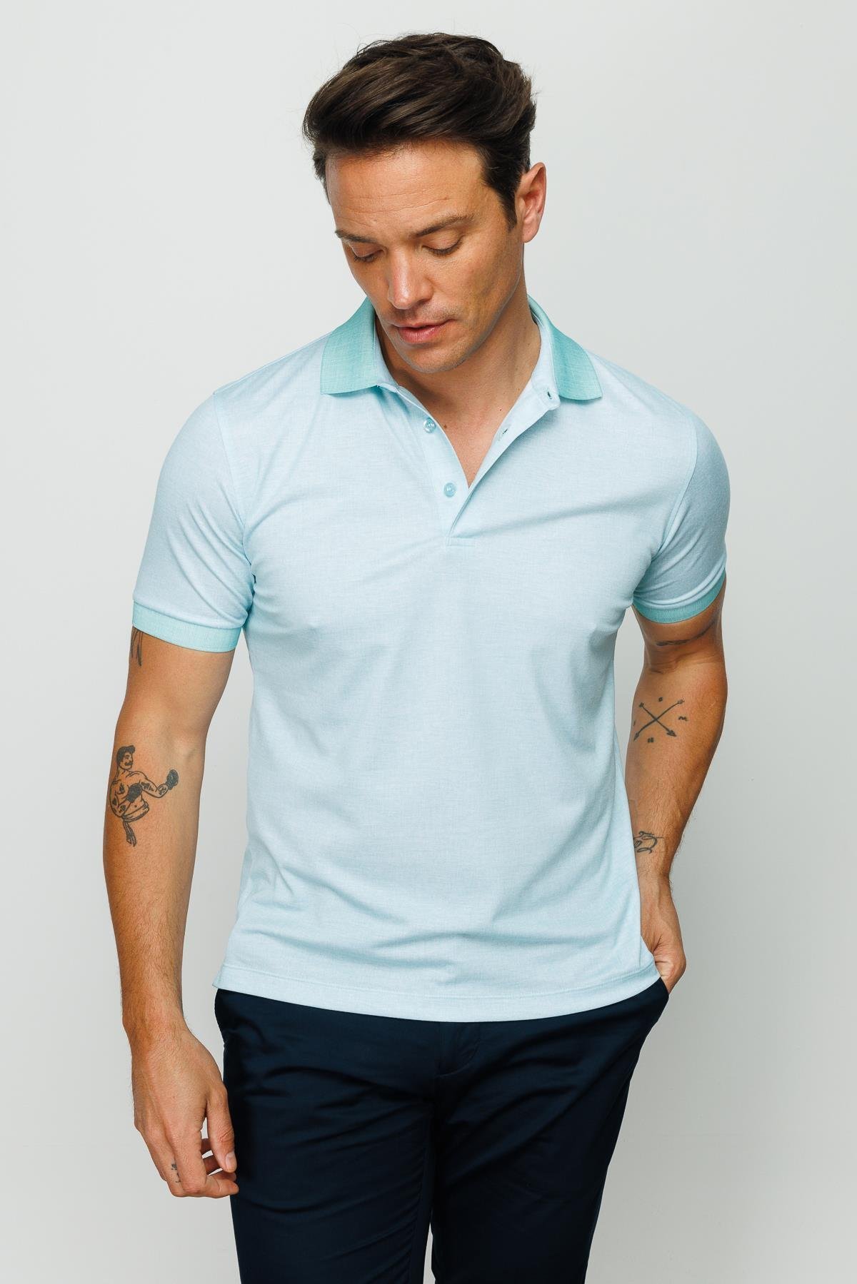 401Erkek Polo Yaka Keten Baskılı T-shirt M.Yeşili