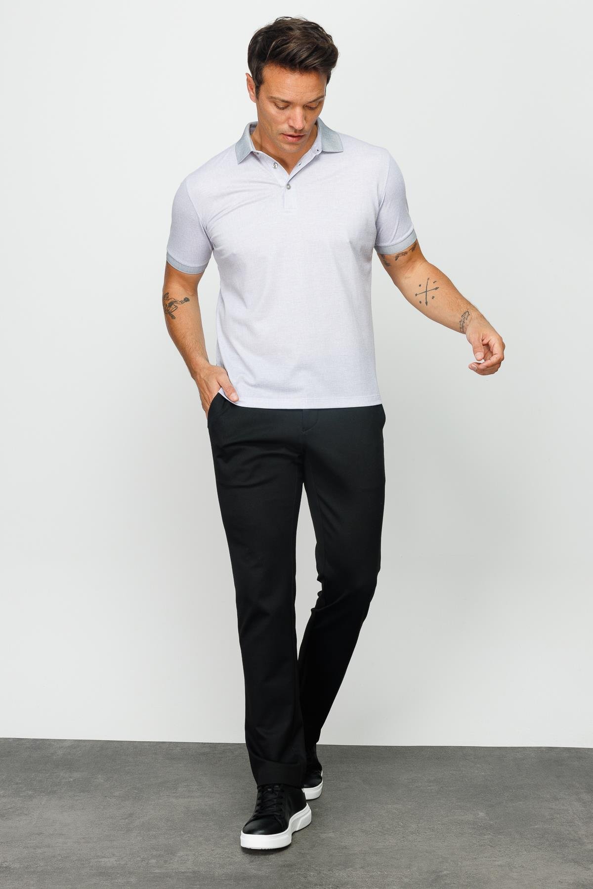 401Erkek Polo Yaka Keten Baskılı T-shirt Gri