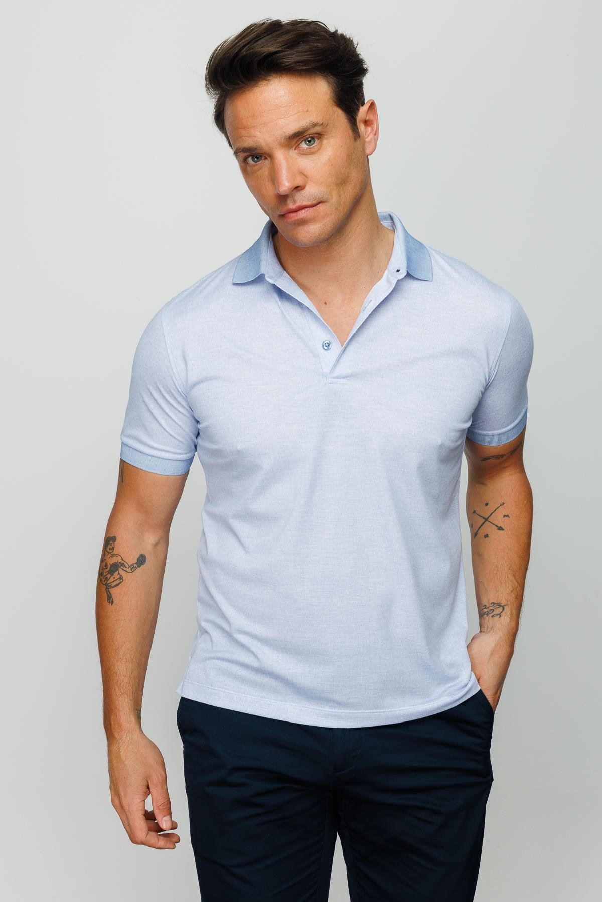 401Erkek Polo Yaka Keten Baskılı T-shirt A.Mavi