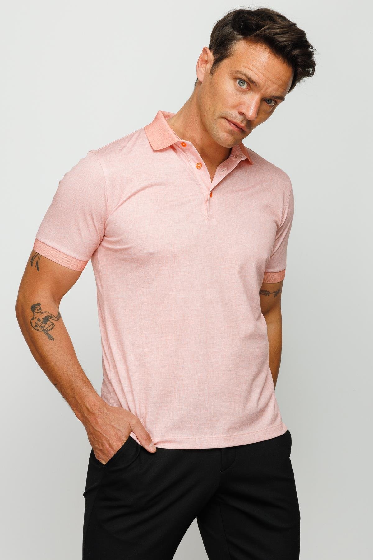 401Erkek Polo Yaka Keten Baskılı T-shirt Somon