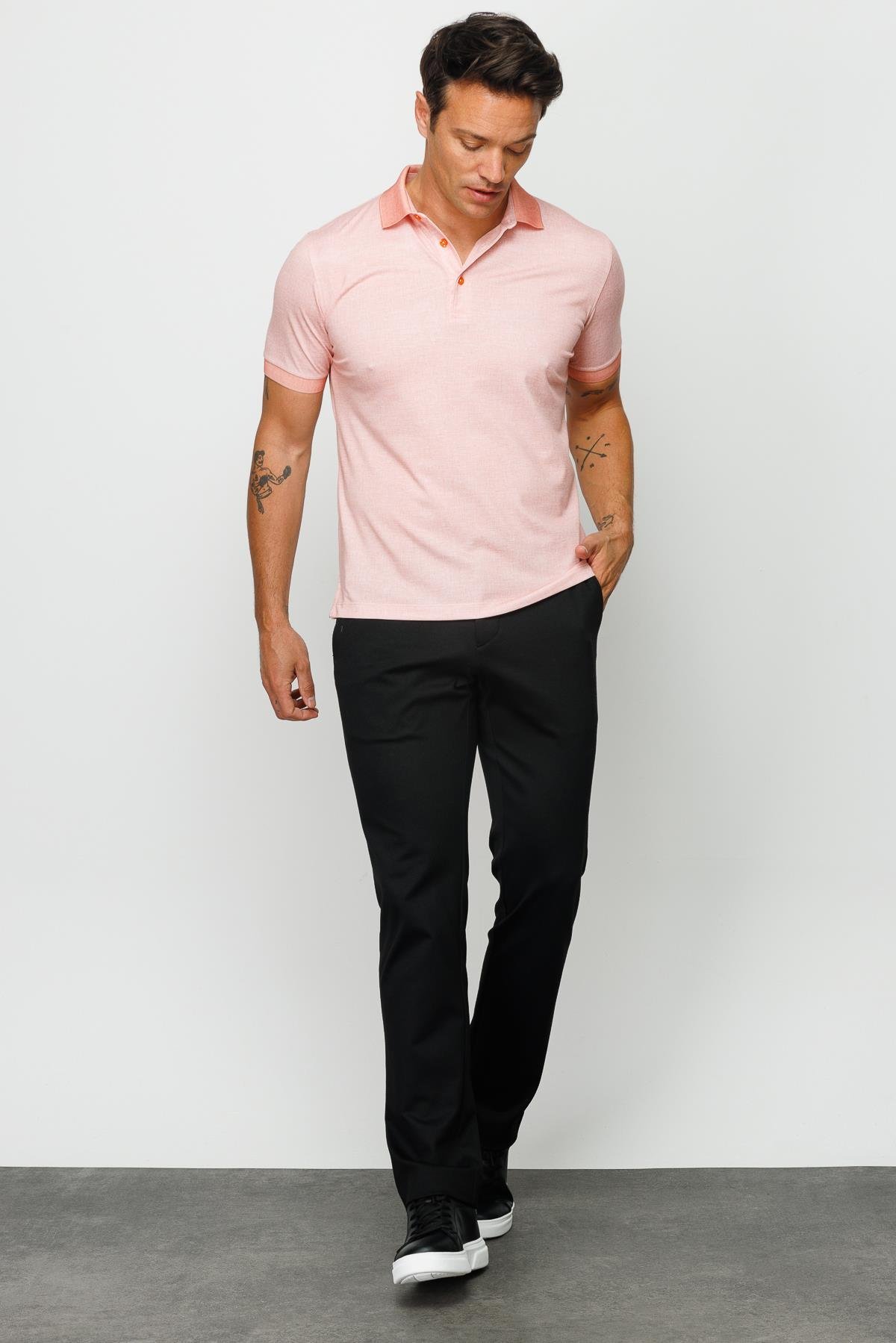 401Erkek Polo Yaka Keten Baskılı T-shirt Somon