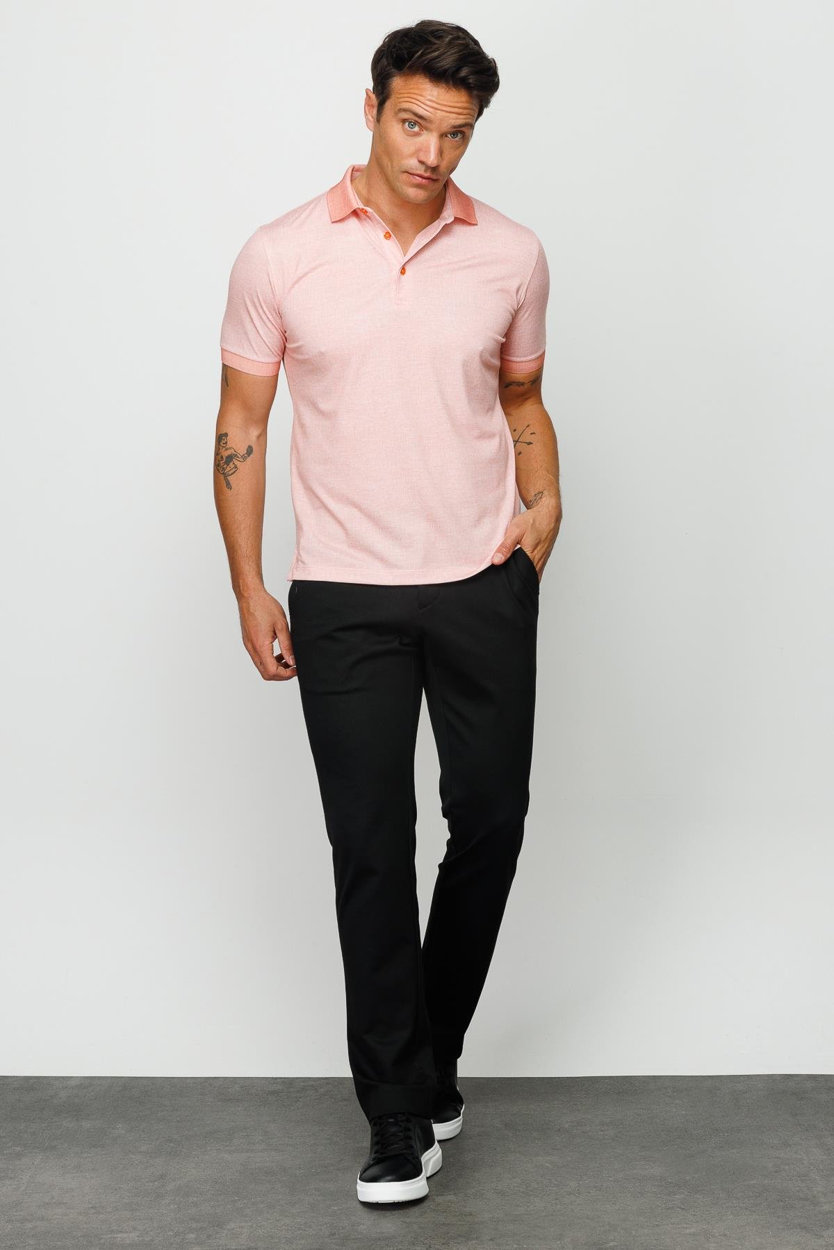 401Erkek Polo Yaka Keten Baskılı T-shirt Somon