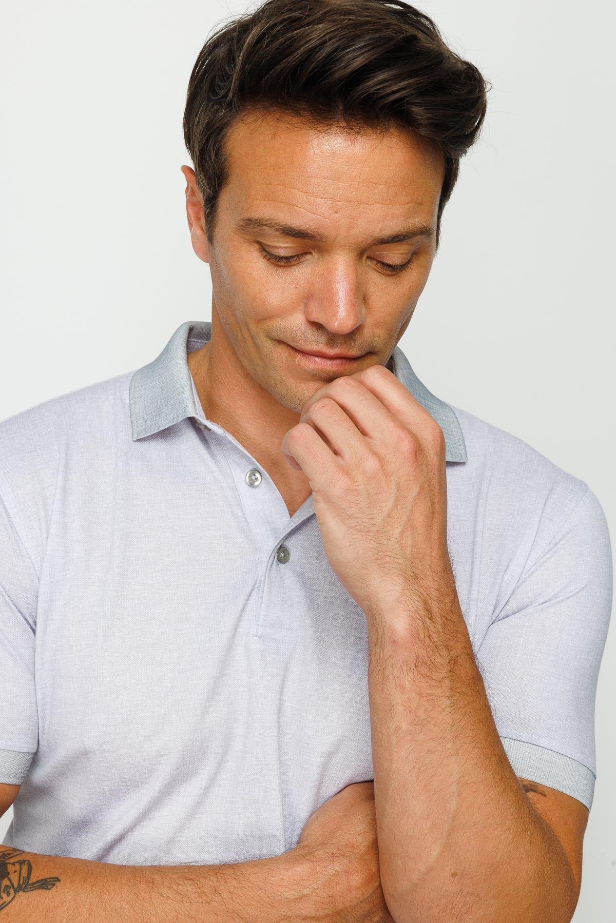 401Erkek Polo Yaka Keten Baskılı T-shirt Gri