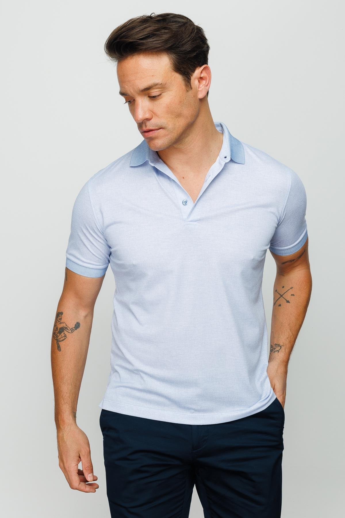 401Erkek Polo Yaka Keten Baskılı T-shirt A.Mavi