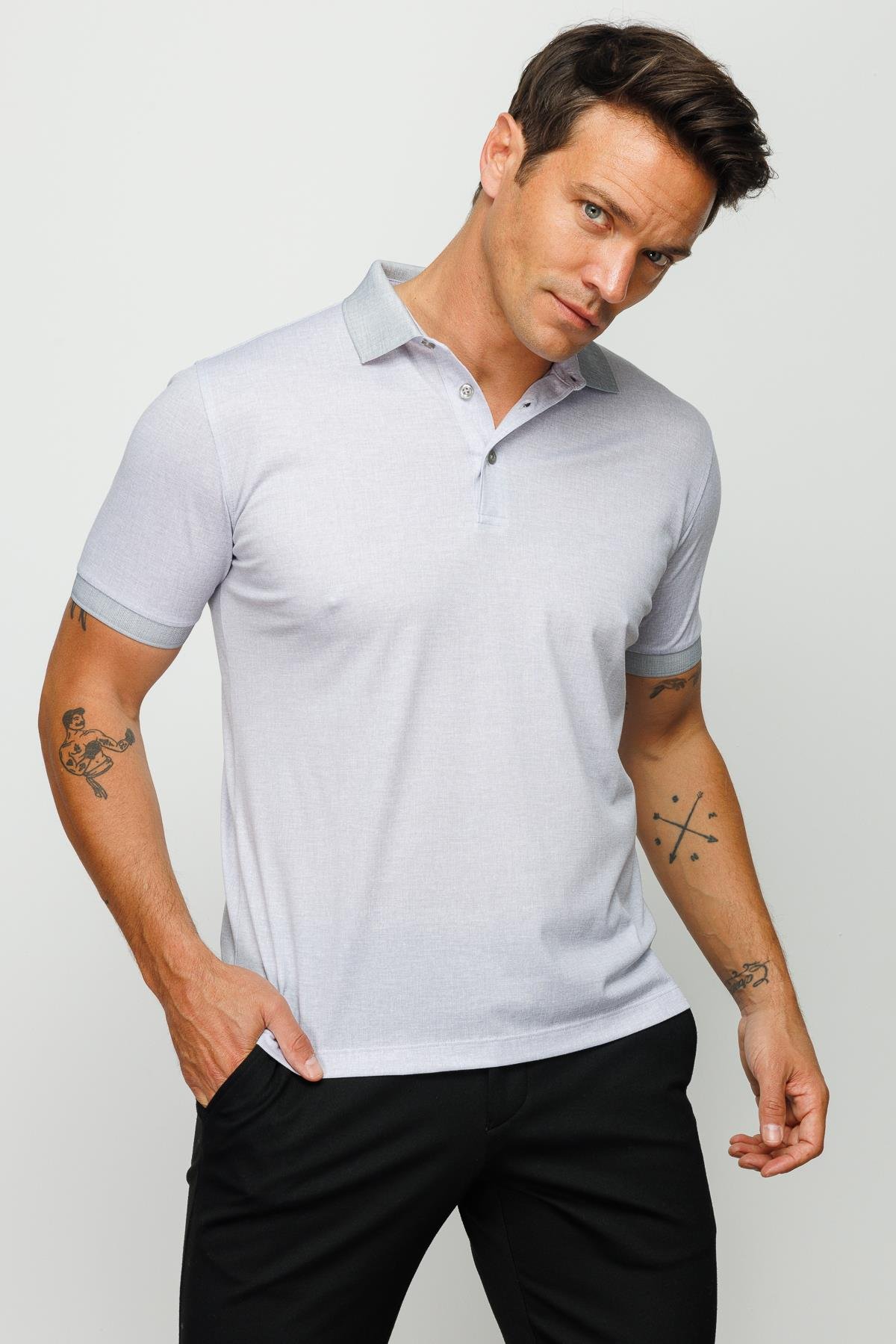 401Erkek Polo Yaka Keten Baskılı T-shirt Gri