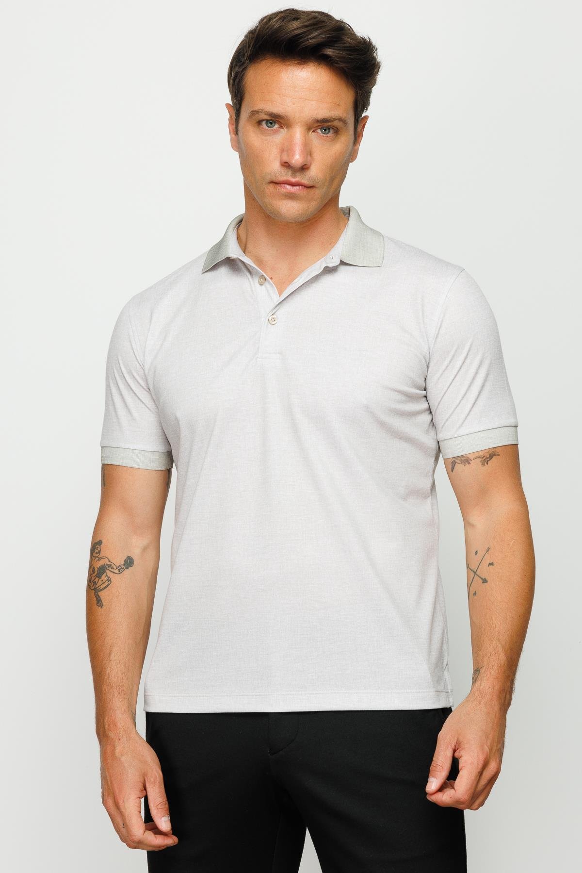 401Erkek Polo Yaka Keten Baskılı T-shirt Bej