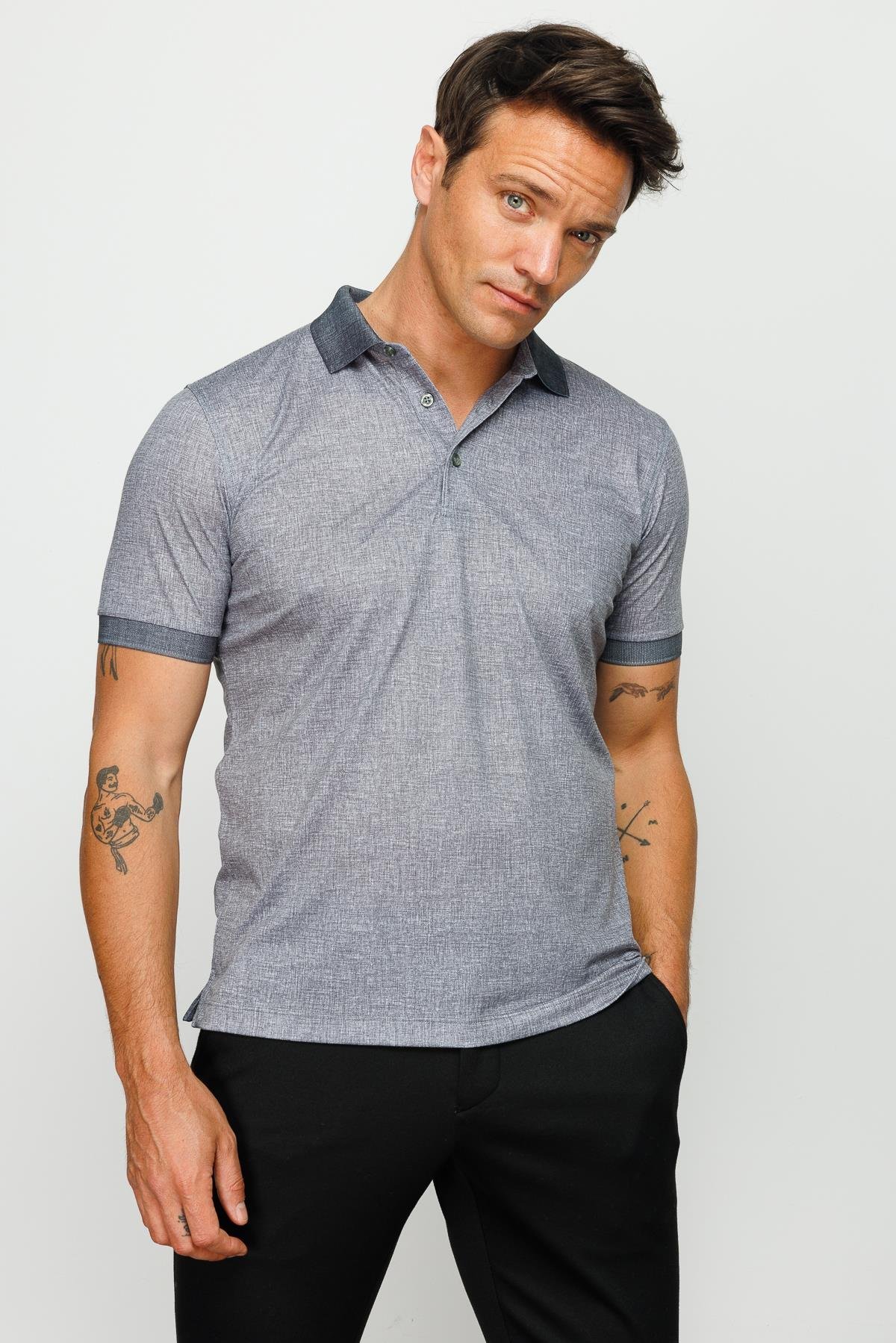 401Erkek Polo Yaka Keten Baskılı T-shirt Siyah