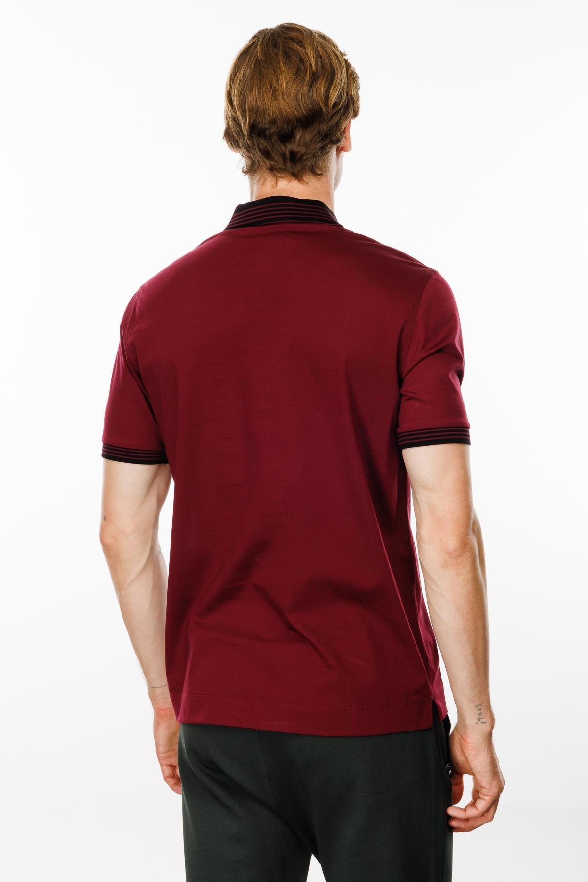 MTA 05Erkek Polo Yaka Kolu ve Yakası Çizgili T-shirt Bordo