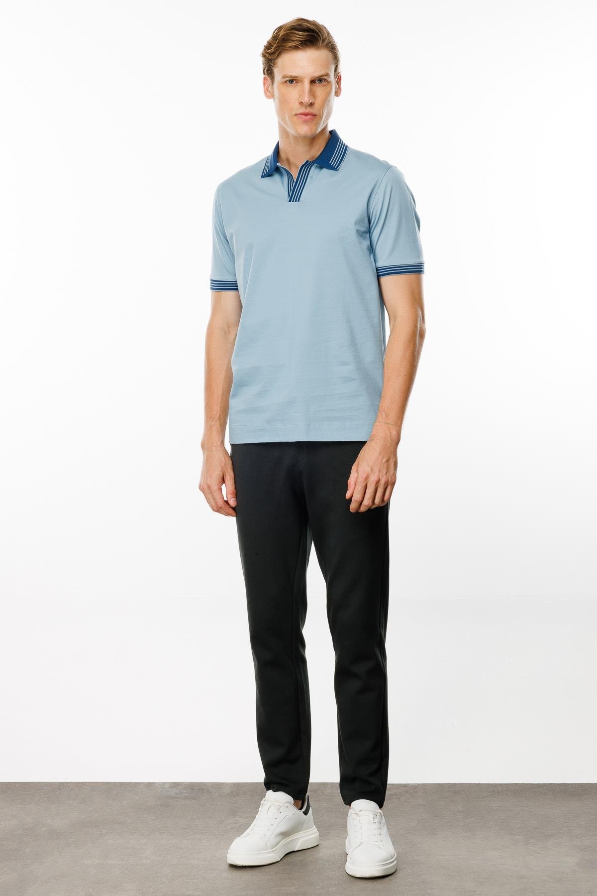 MTA 05Erkek Polo Yaka Kolu ve Yakası Çizgili T-shirt Mavi