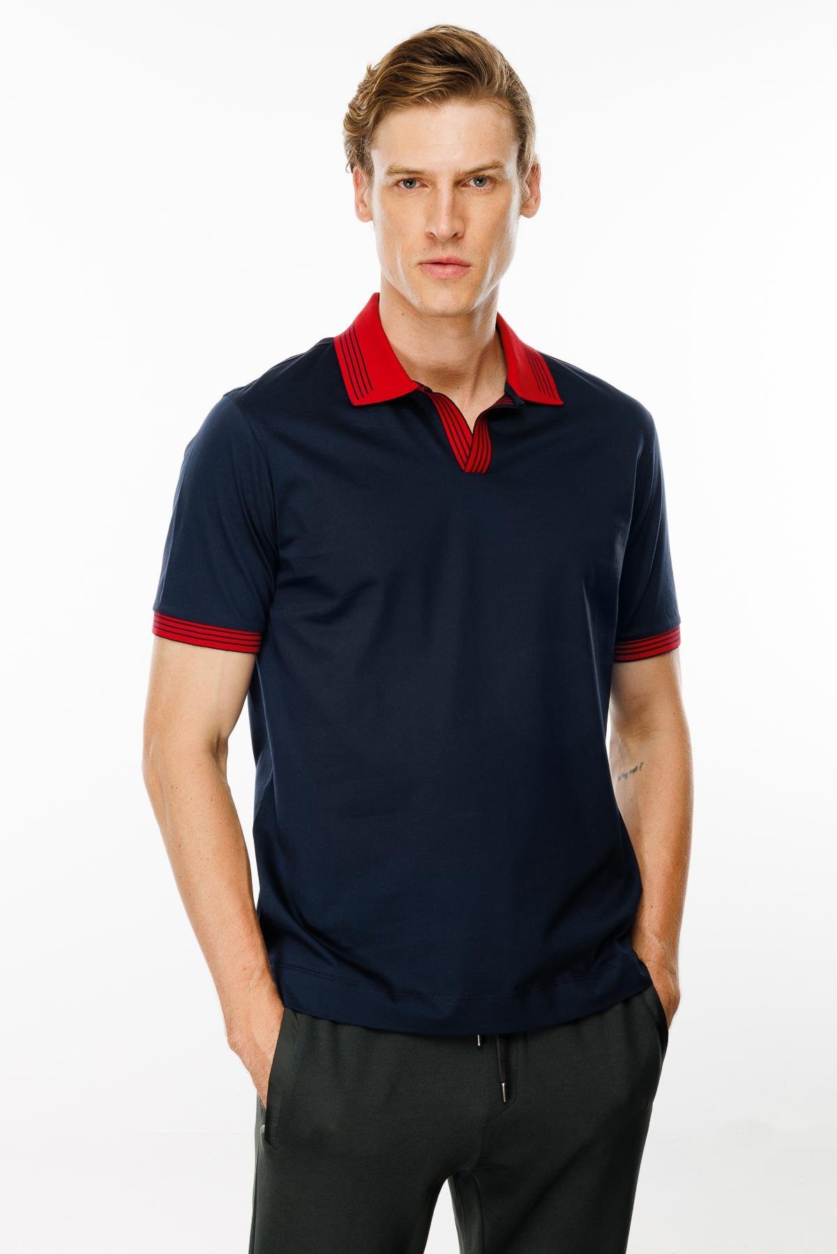 MTA 05Erkek Polo Yaka Kolu ve Yakası Çizgili T-shirt Lacivert