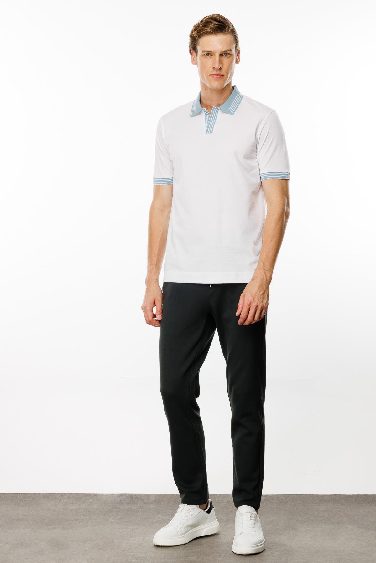 MTA 05Erkek Polo Yaka Kolu ve Yakası Çizgili T-shirt Beyaz