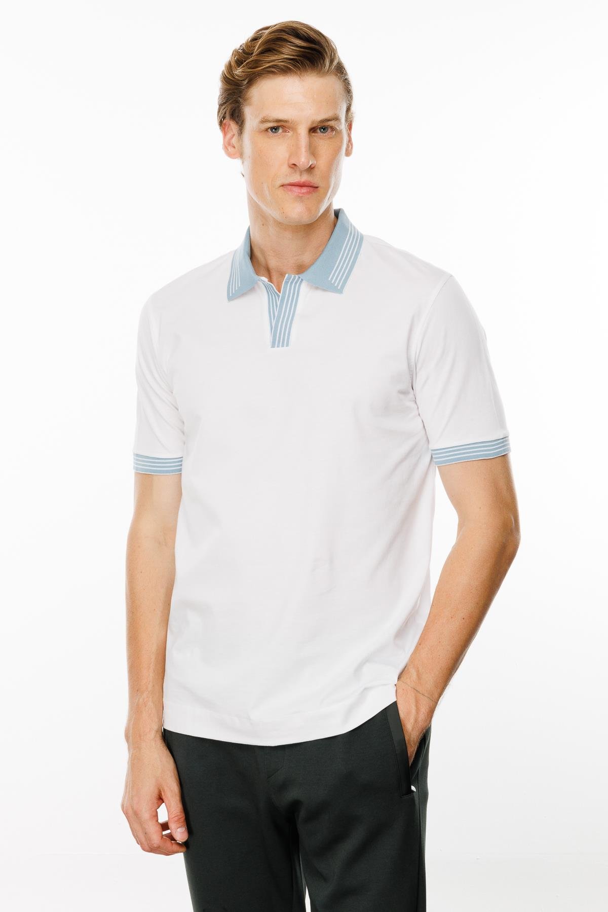 MTA 05Erkek Polo Yaka Kolu ve Yakası Çizgili T-shirt Beyaz