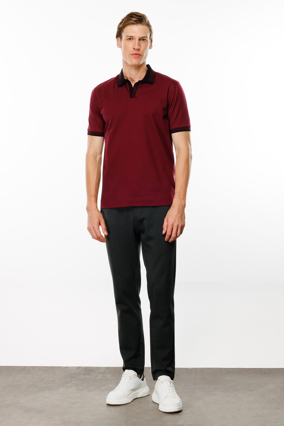 MTA 05Erkek Polo Yaka Kolu ve Yakası Çizgili T-shirt Bordo