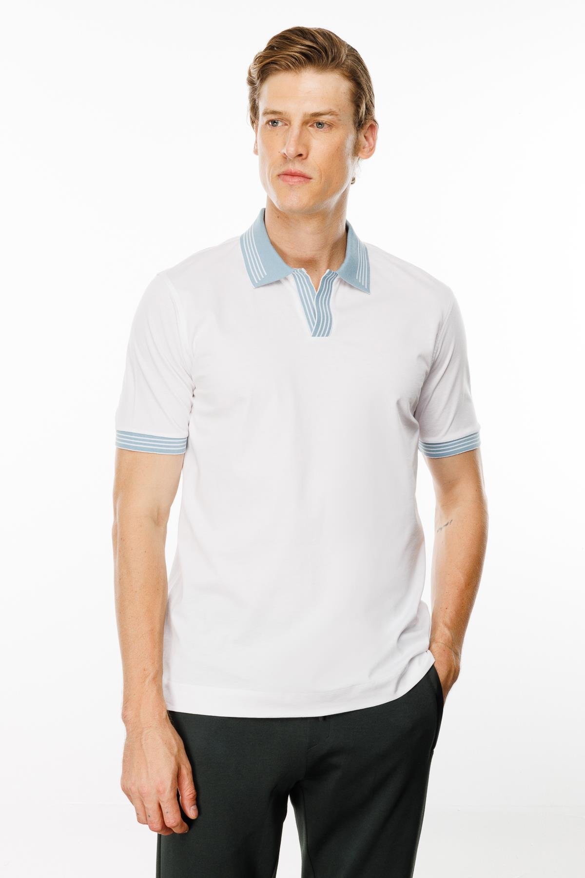 MTA 05Erkek Polo Yaka Kolu ve Yakası Çizgili T-shirt Beyaz