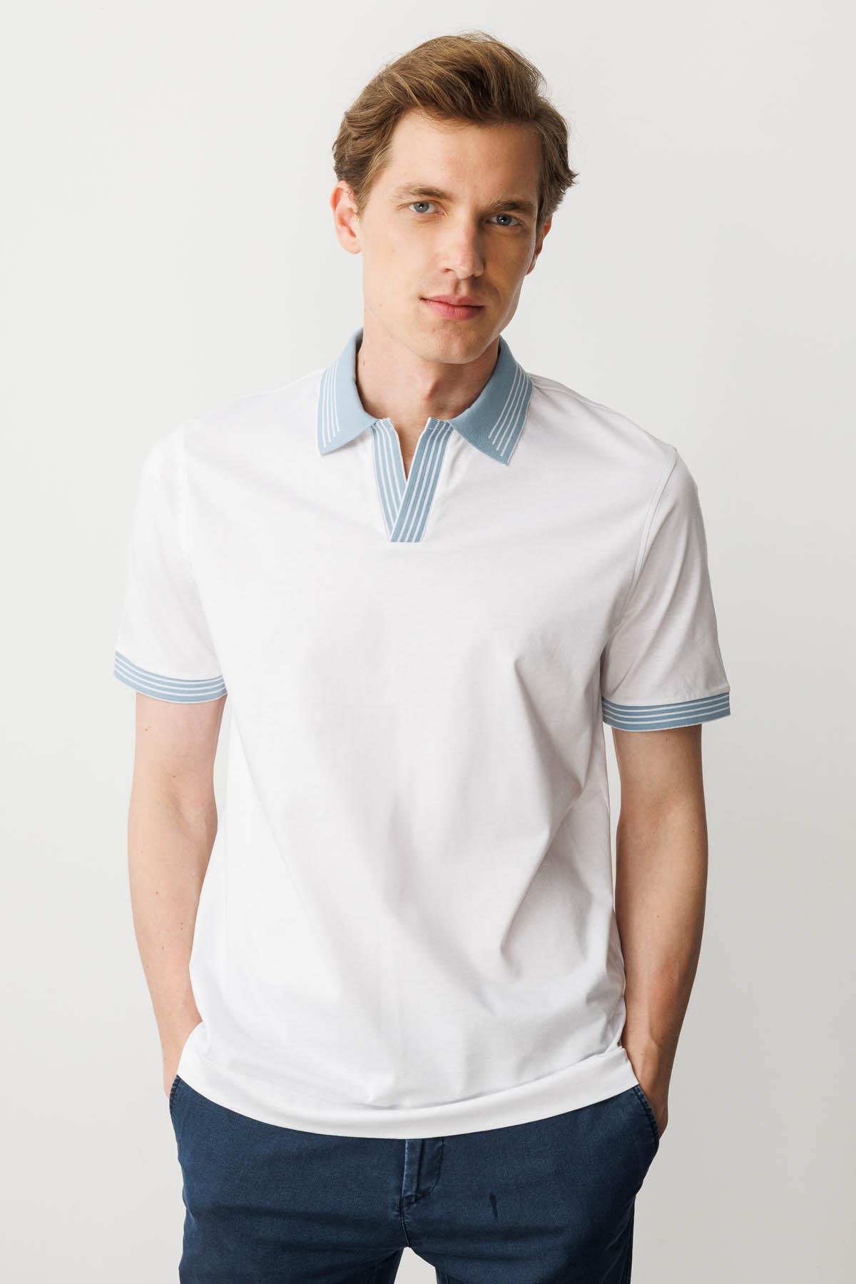 MTA 05Erkek Polo Yaka Kolu ve Yakası Çizgili T-shirt Beyaz