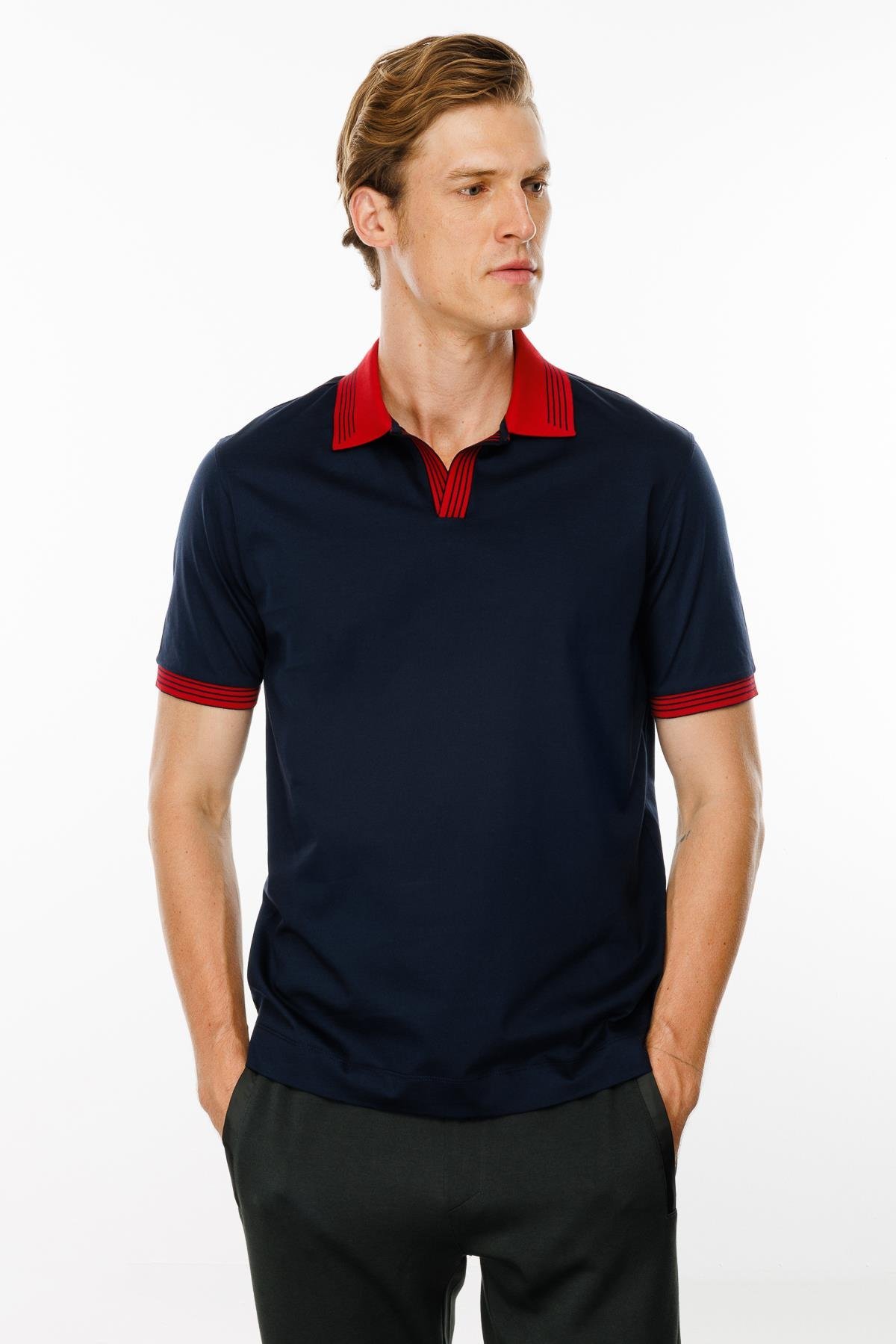 MTA 05Erkek Polo Yaka Kolu ve Yakası Çizgili T-shirt Lacivert