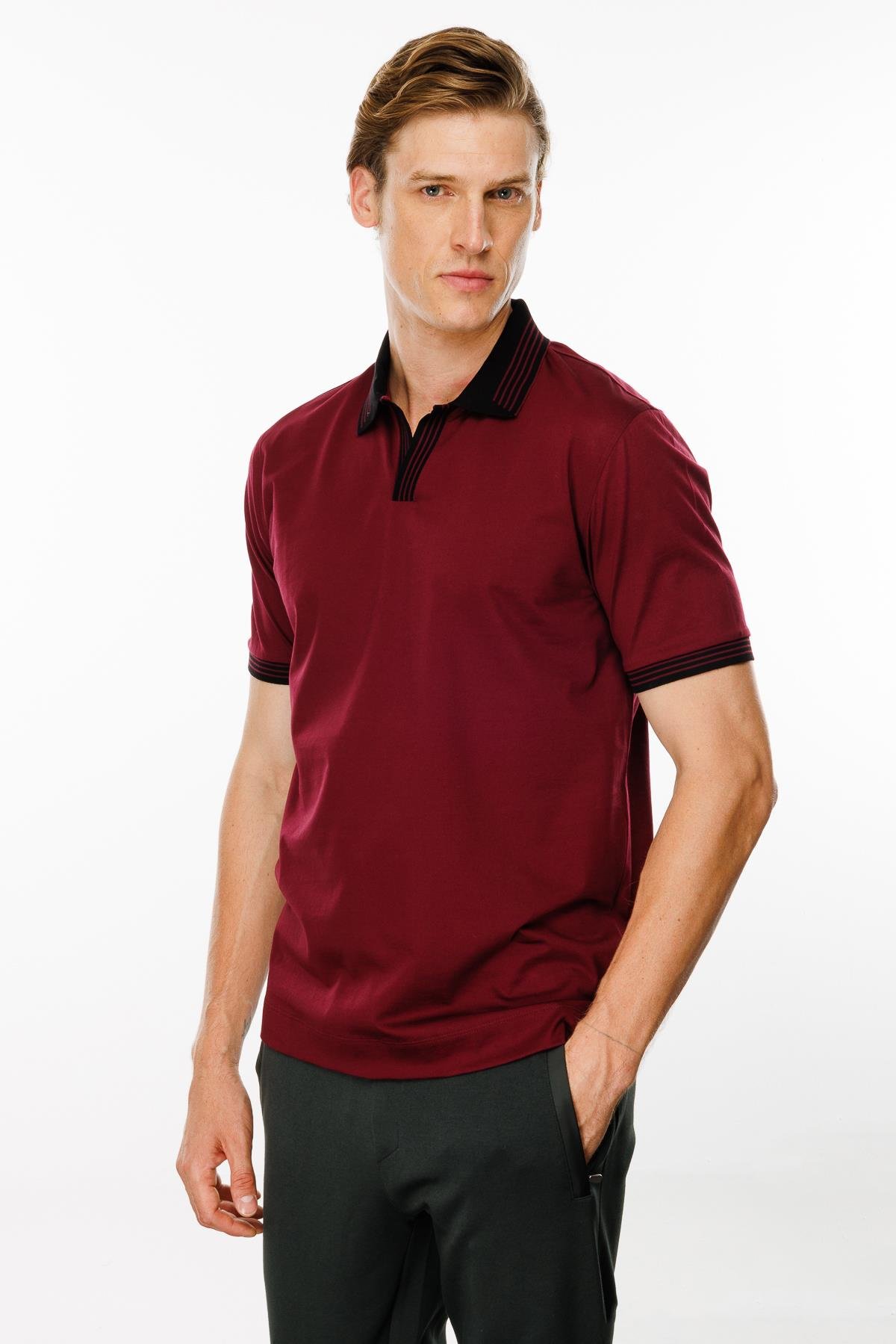 MTA 05Erkek Polo Yaka Kolu ve Yakası Çizgili T-shirt Bordo