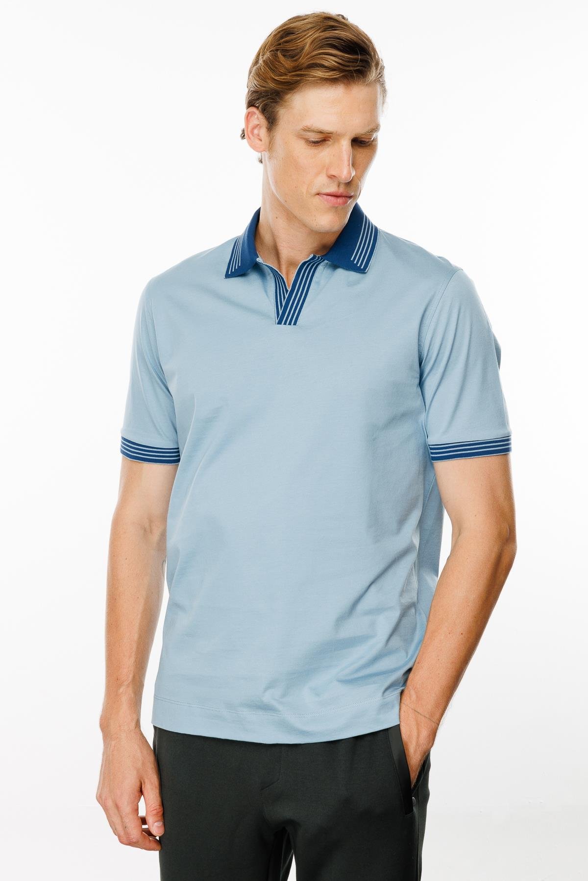 MTA 05Erkek Polo Yaka Kolu ve Yakası Çizgili T-shirt Mavi