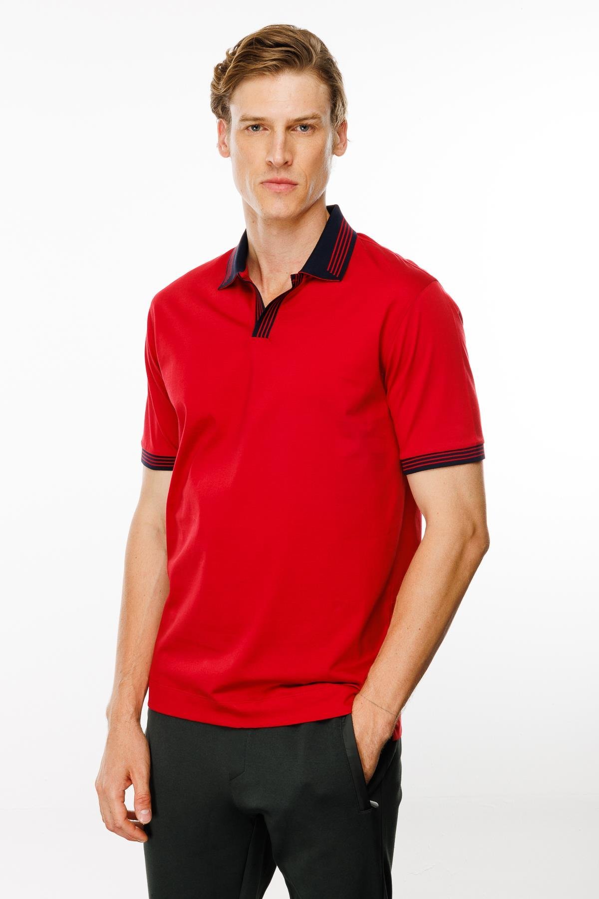 MTA 05Erkek Polo Yaka Kolu ve Yakası Çizgili T-shirt Kırmızı