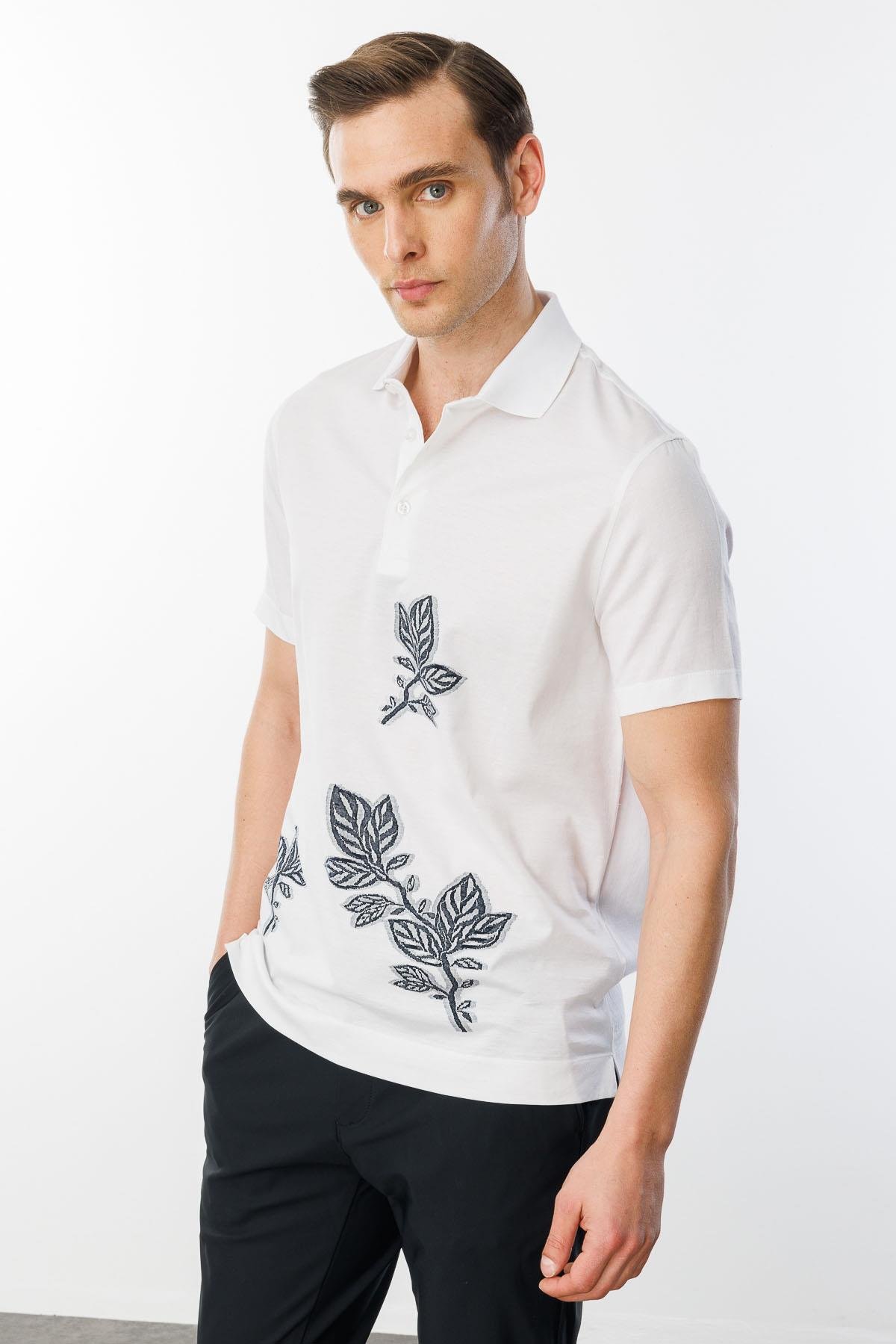 25736Erkek Polo Yaka Merserize T-shirt Beyaz